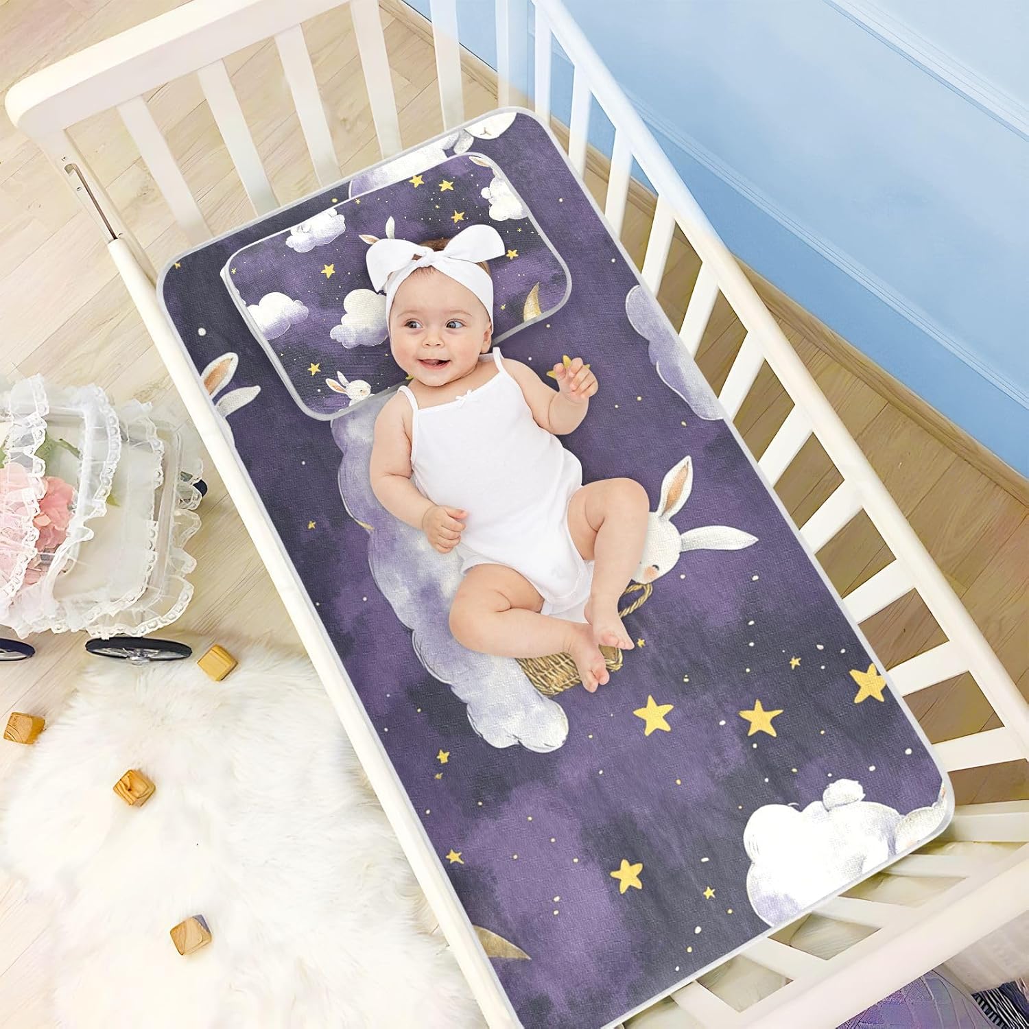 Purple Clouds Rabbits Moon Cooling Baby Toddler Bed Mattress 28" x 52" Reusable Mattress pad Cover for Kids, Adult
