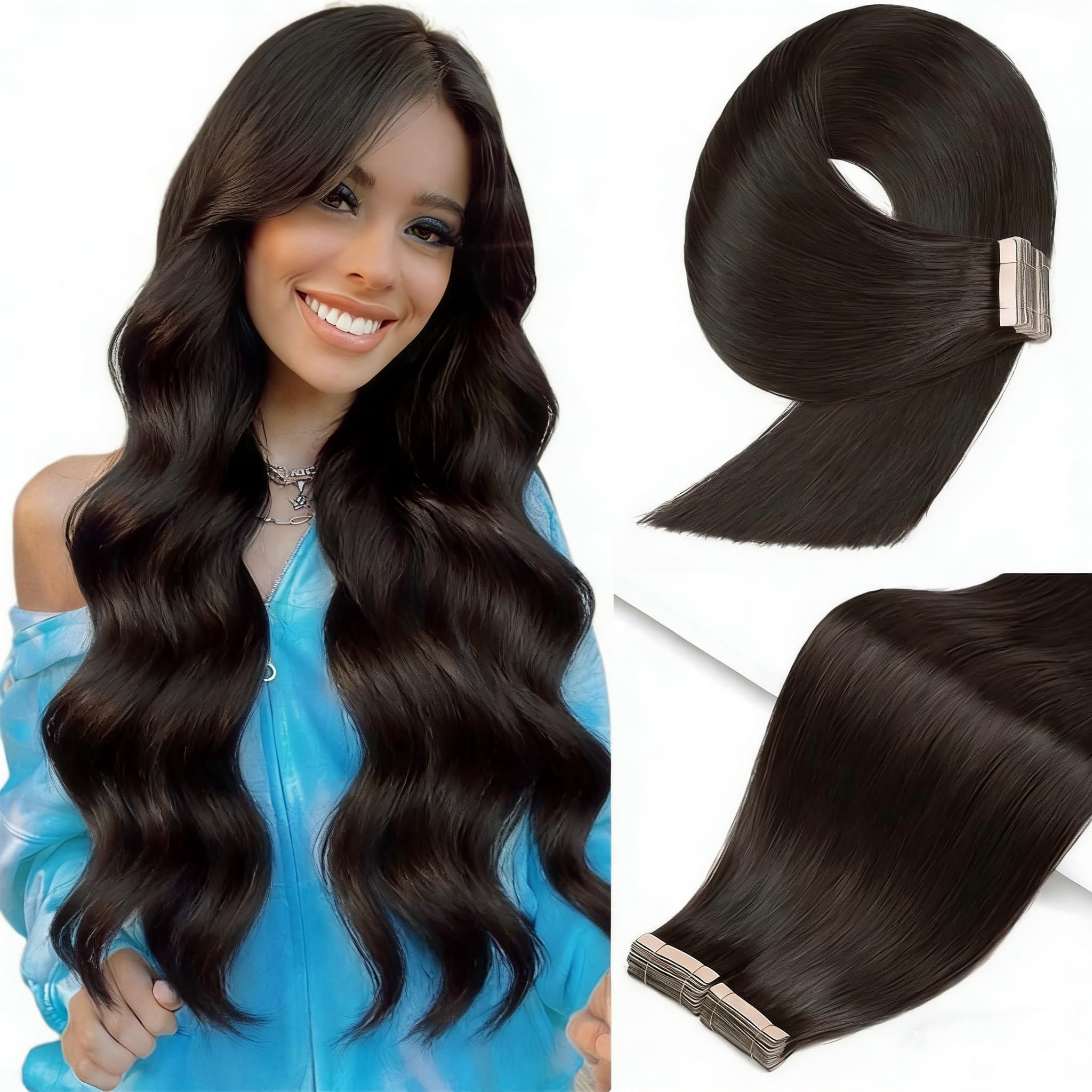 YDDM Tape Extensions Echthaar 20pcs 50cm 50g Natürliches Schwarz Remy Invisible Tape Extensions Seidig Gerade Echthaar Tapes Ins Tape Extensions Skin Weft Haarverlängerung(20Zoll,1B#)