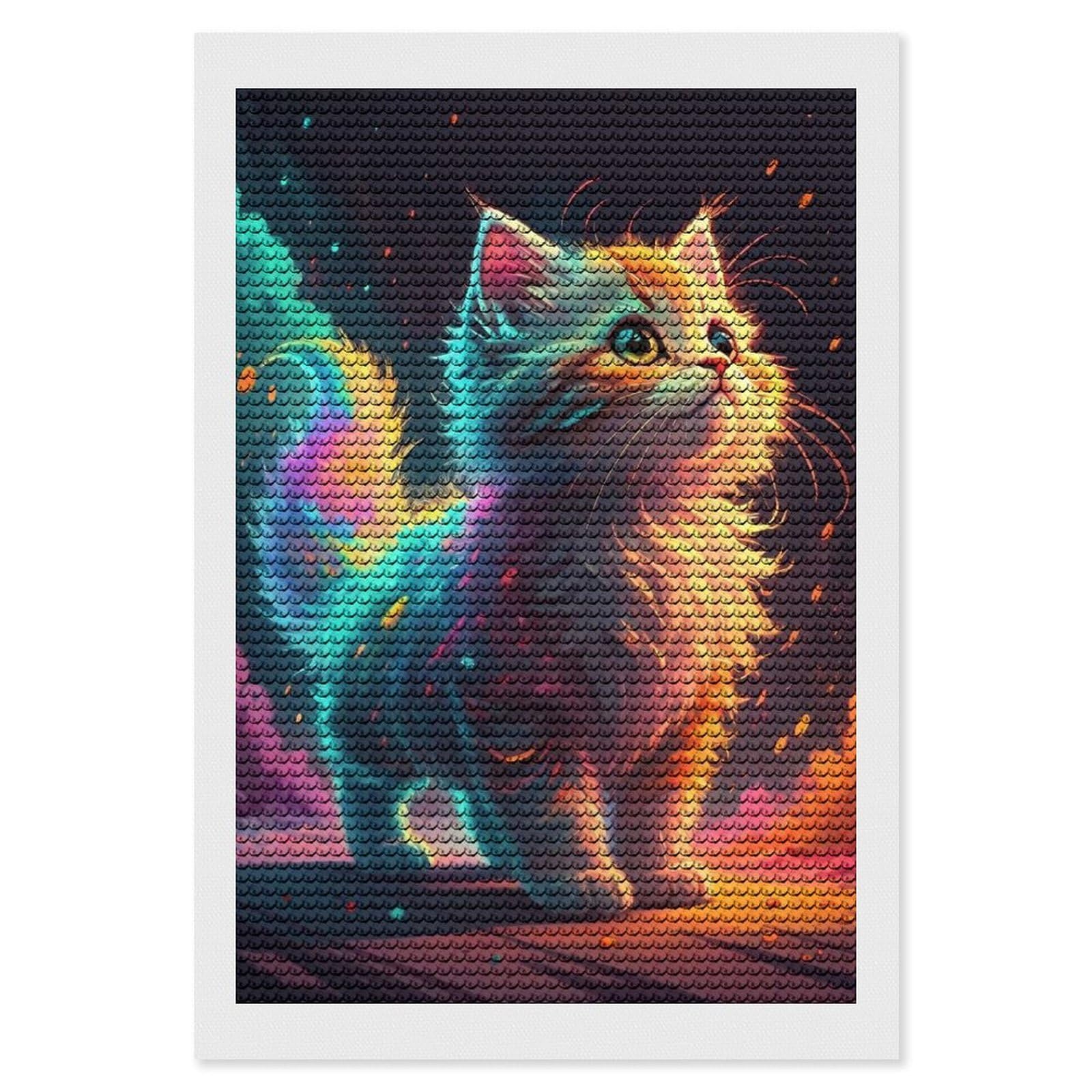 Junmoney Vibrant Rainbow Kitten DIY Diamond Art Canvas Kit 8"x12", Decorate Your Room, Sparkling Round Gems, Fun Craft Experience, Farmhouse Decor