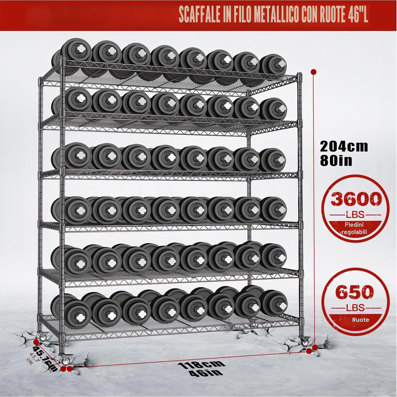 6 Ripiani Scaffale Metallo,Scaffalatura Mobile con Ruote e Piedini Regolabili,Scaffalature Verticali Adatte a Cucine, Garage e Dispense,Scaffali Garage Capacità di carico 1700 kg,118 × 46 × 204 cm
