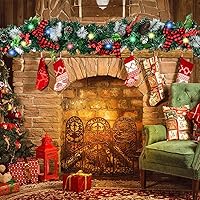 Vista 6 de Guirnalda de Navidad artificial preiluminada de 9 pies, guirnalda de Navidad con conos de pino de bayas rojas, funciona con pilas, 50 luces LED