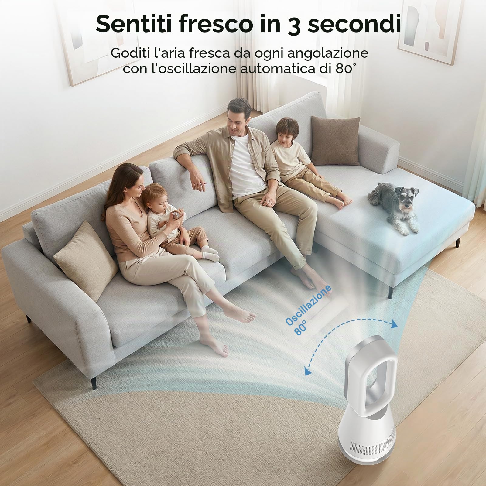 Ventilatore Senza Pale, Ventilatore a Torre con Telecomando, 8 Velocità Della Ventola, Motore Brushless, Oscillazione Orizzontale di 80°, Display a LED e 9H Timer, Ideale per Camera da Letto (C)
