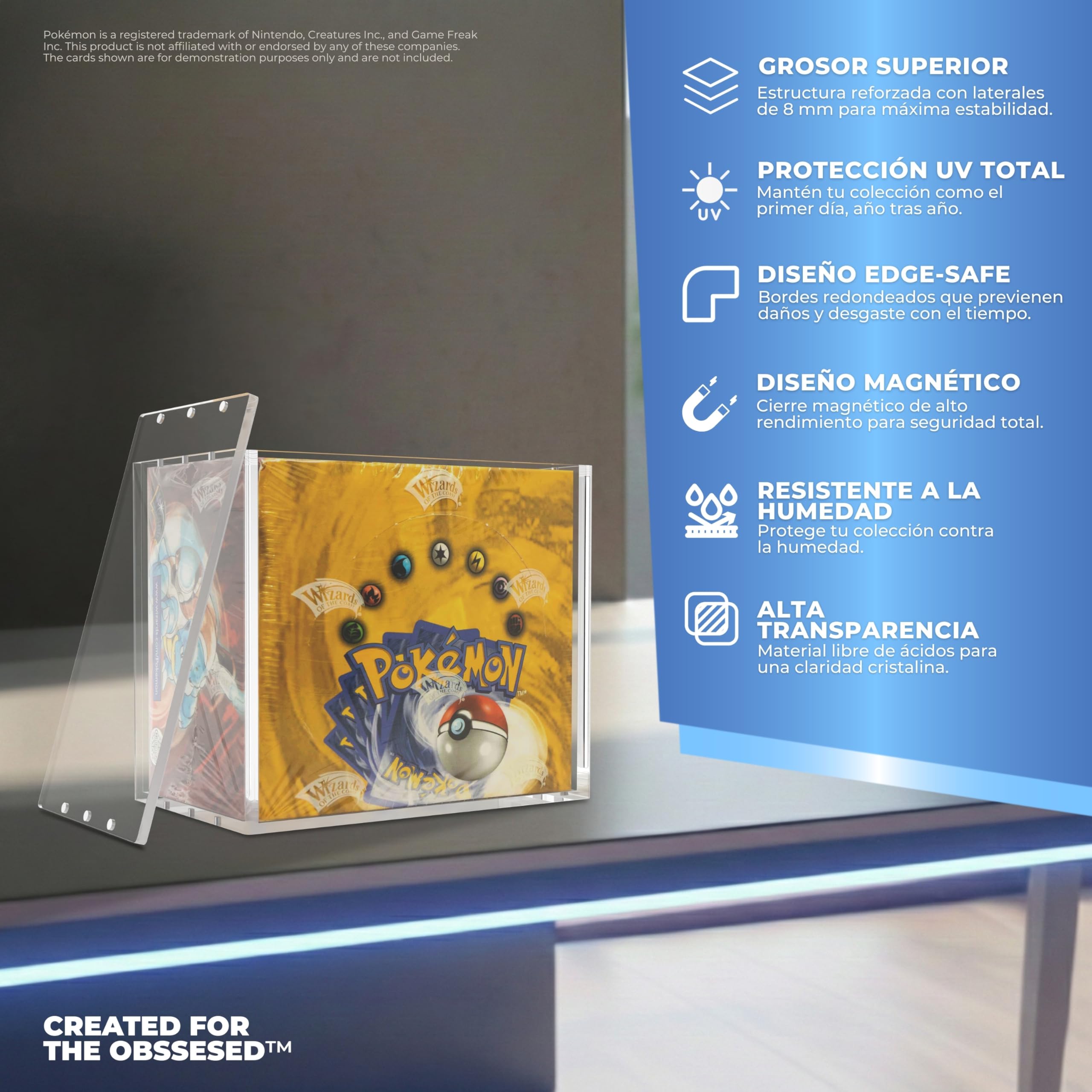 Protector Booster Box Pokémon con Imanes N52 – Caja Pokémon Acrílica con Protección UV 99% Transparente, Resistente y Apilable