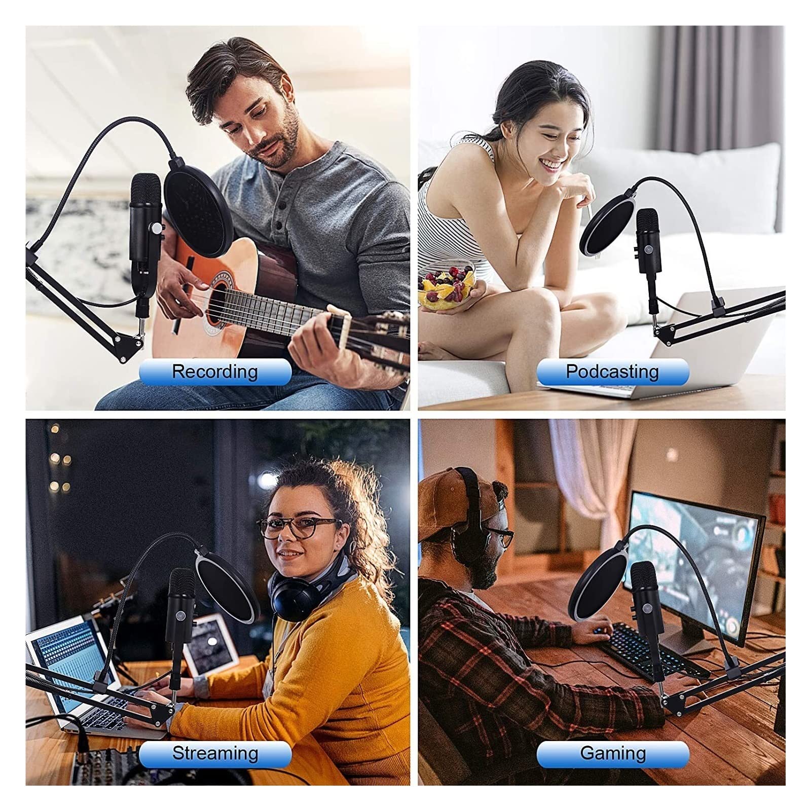 USB Condenser Microphone Compatible with PC Compatible with Phone Karaoke Youtube Studio Recording Podcast with Adjustable Arm Stand Shock Mount Mikrofon