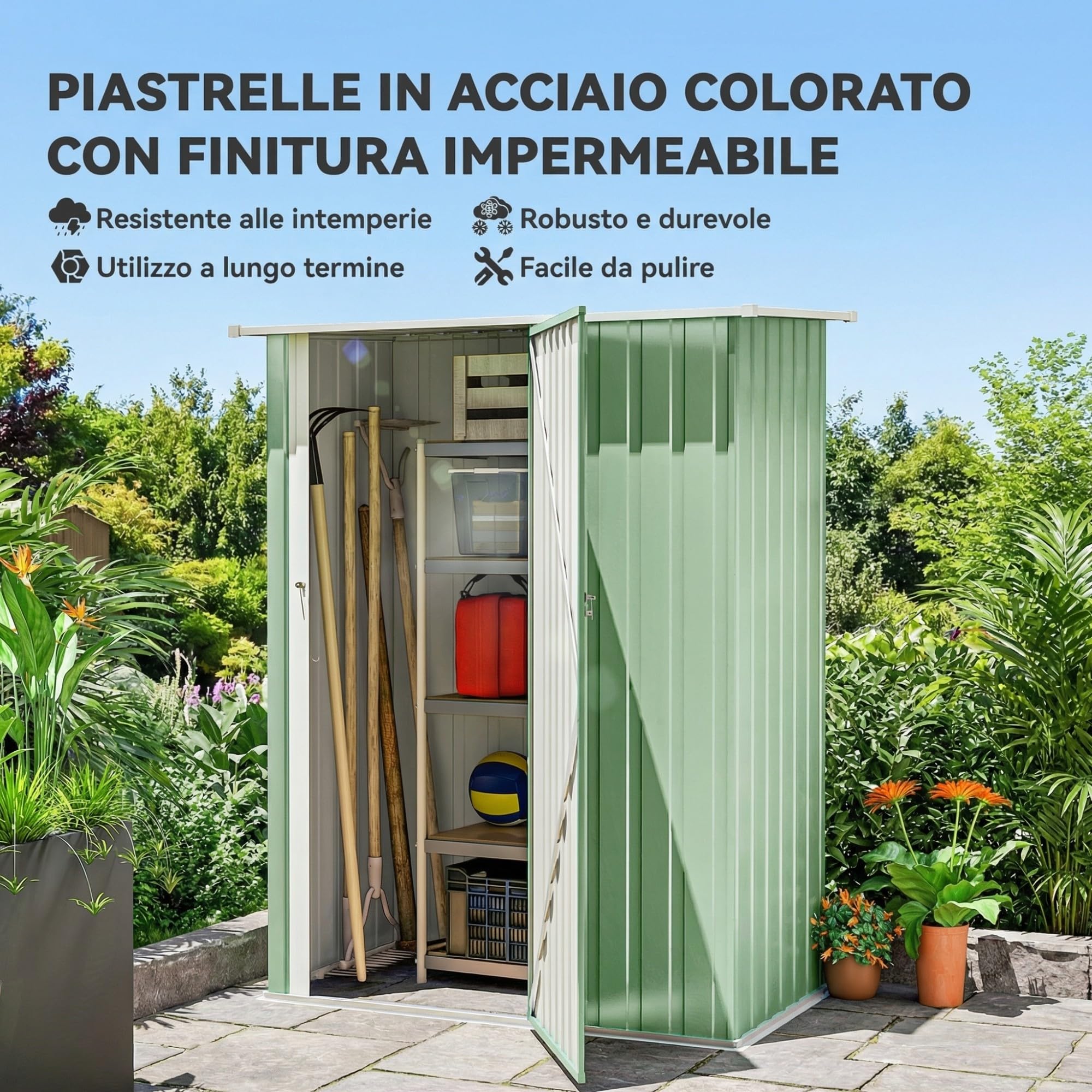 Outsunny Casetta da Giardino 1.07m² Acciaio Zincato Porta Attrezzi 142x86x189 cm Verde Chiaro