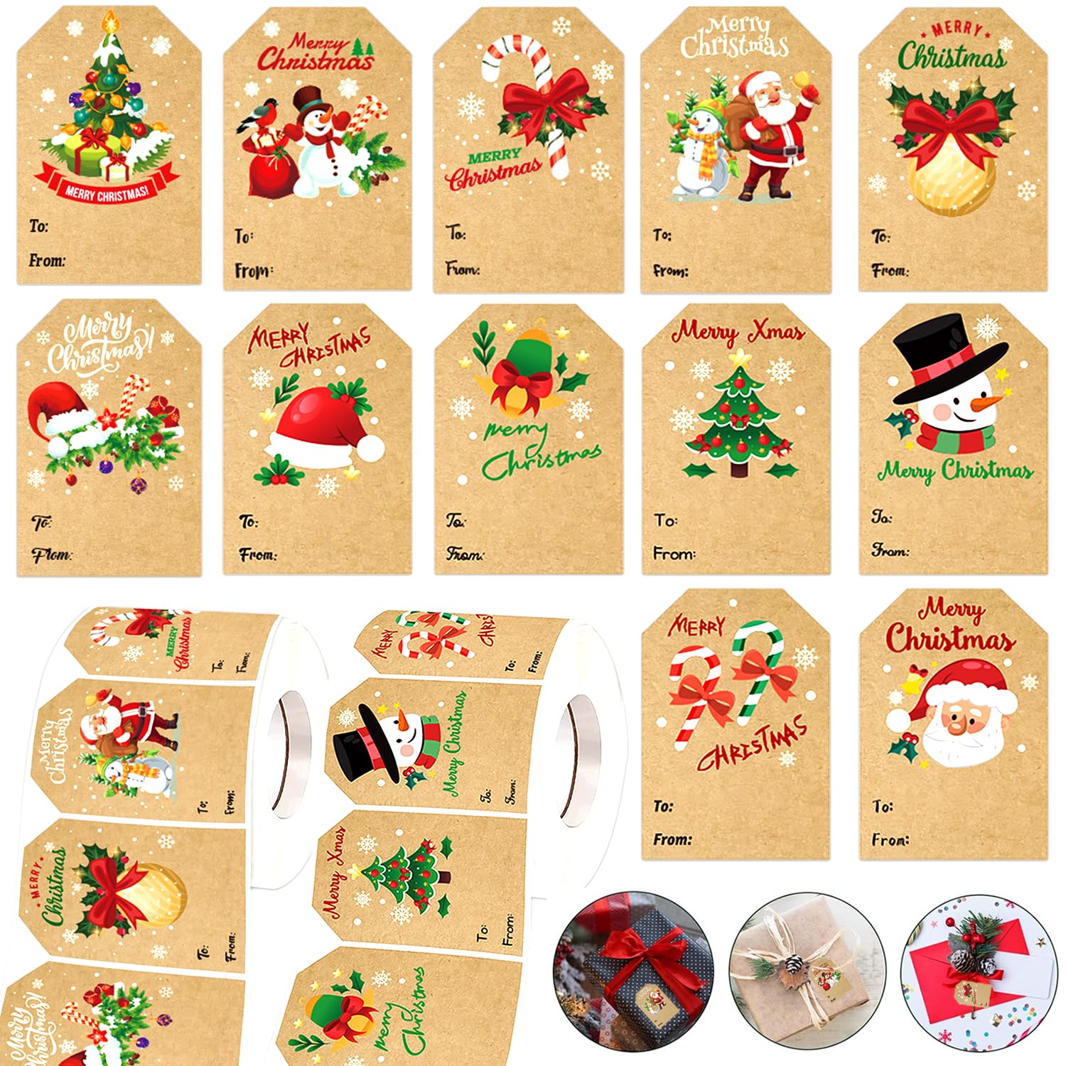 YoawlltyChristmas Gift Tags, 2 Rolls Natural Kraft Self-Adhesive Label Stickers for Chirstmas Gifts DIY Xmas Holiday Present Decorations（style 2)