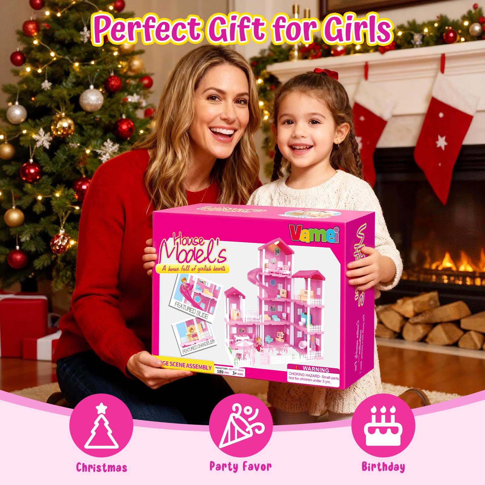 vamei 4 Étages Maison de Poupée pour Enfants avec 9 Pièces et Meubles de Maison, DIY Maison Poupee avec Poupe Meubles Accessoires, Jeux de Simulation Jouets Cadeau pour Filles âgés de 3 4 5 6 Ans