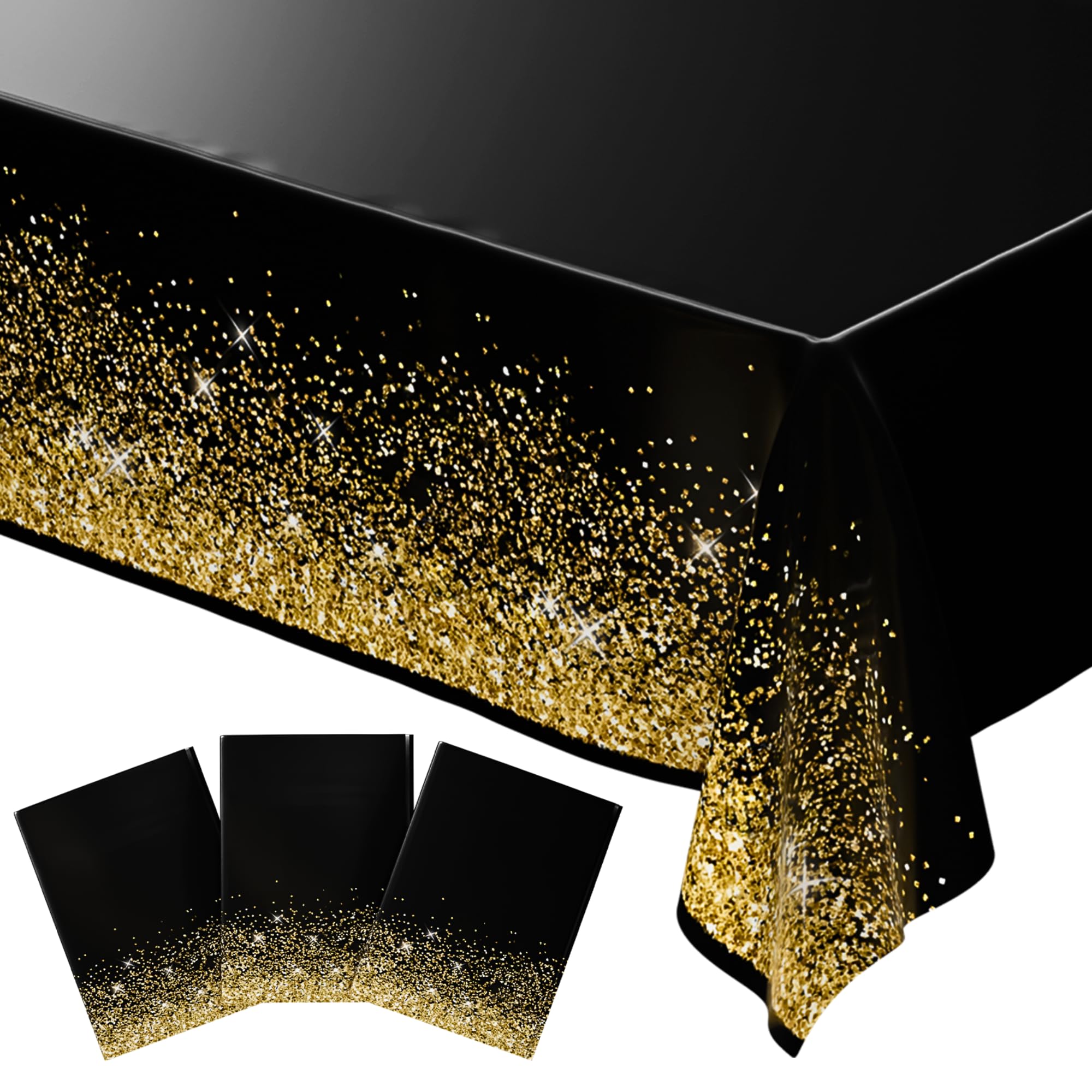 Blue Orchards Black Gold Tablecover (Pack of 3) 108" x 54" – Elegant Party Decoration, Backdrop, Accent, Black and Gold Glitter Tablecloth for Parties, Birthday, Graduation, Wedding &amp; Events