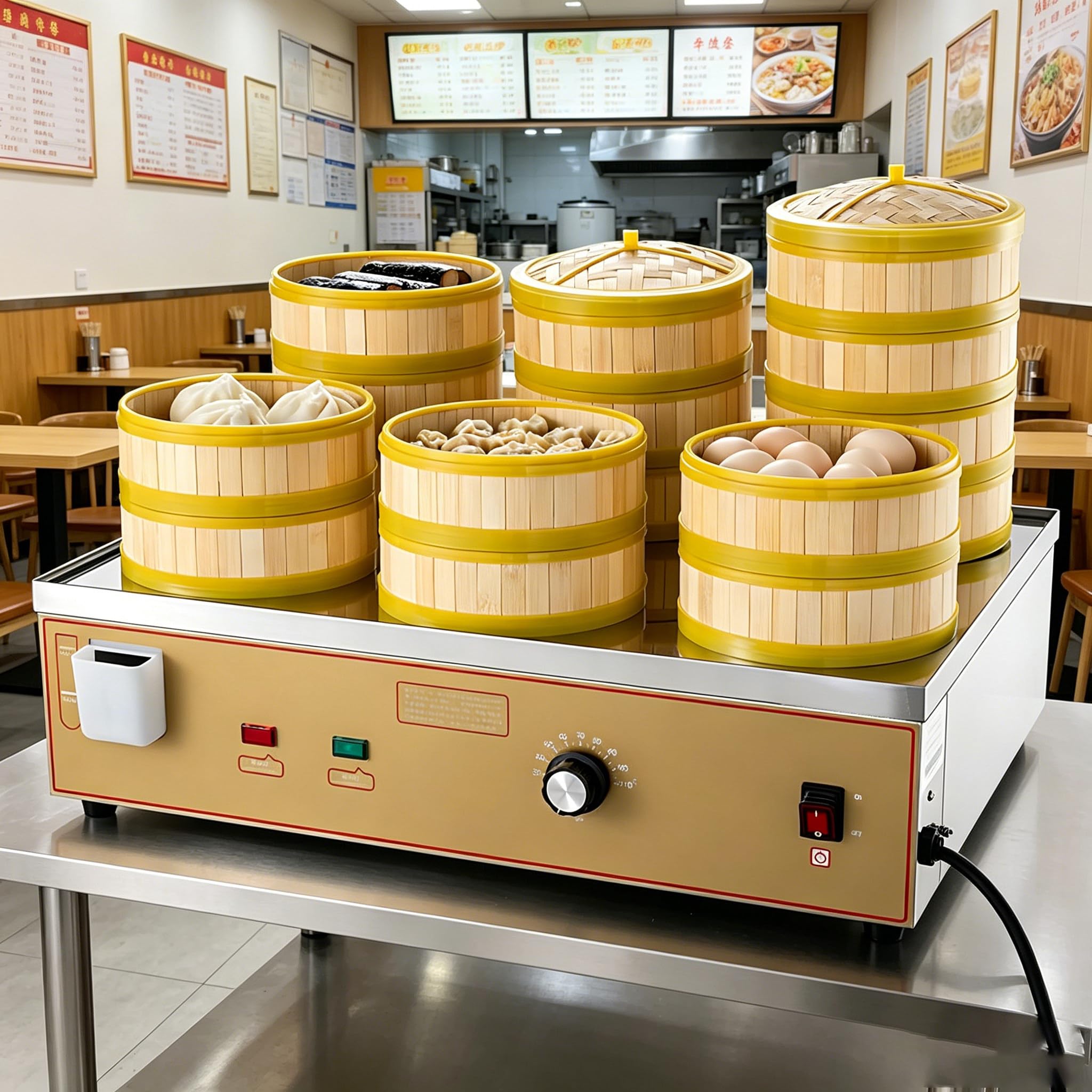 Vaporera Eléctrica para Alimentos, Máquina de Vapor Comercial de 2/4/6 Agujeros, Alarma de Hervido en Seco/Escasez de Agua y Suministro de Agua Independiente, Ajuste de Temperatura 30-110 ℃ 6Hole