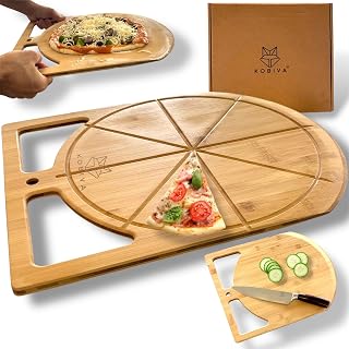 Wooden Pizza Peel & Round Cutting Board | Dual-Grip 2-in-1 Bamboo Pizza Paddle Board for Baking, Pizza Spatula & Large Cutting Board for Pizza | Pizza Turning Peel for Baking Accessories, 17” X 13.5”