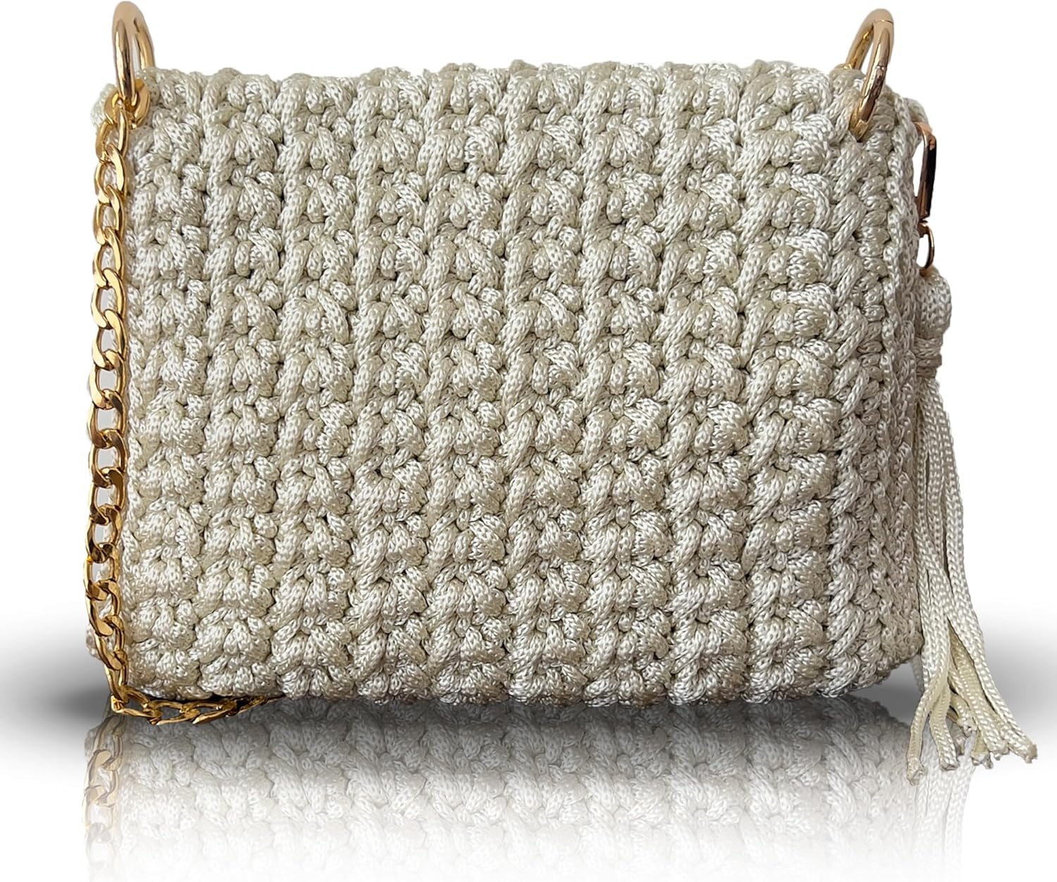 Handmade Crochet Shoulder Bag for Women – Macrame Knitted Purse with Gold Chain & Tassel, Boho Chic Evening Crossbody Clutch - Image 5