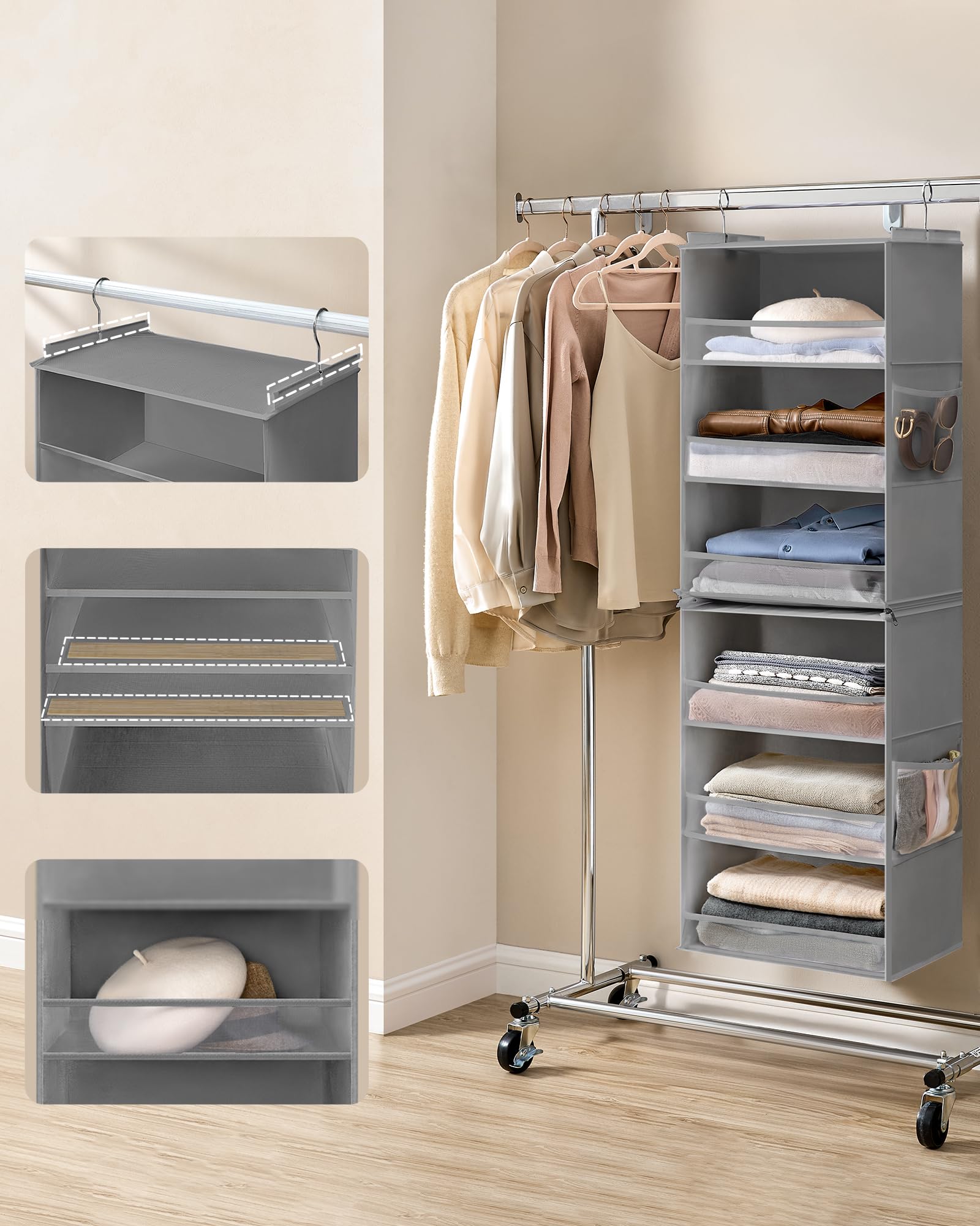 SONGMICS Portaoggetti da Appendere, Set di 2, Organizer Armadio, Divisibile, Pieghevole, Ganci in Metallo e Inserti in Bambù, Grigio Tortora RCH008G01