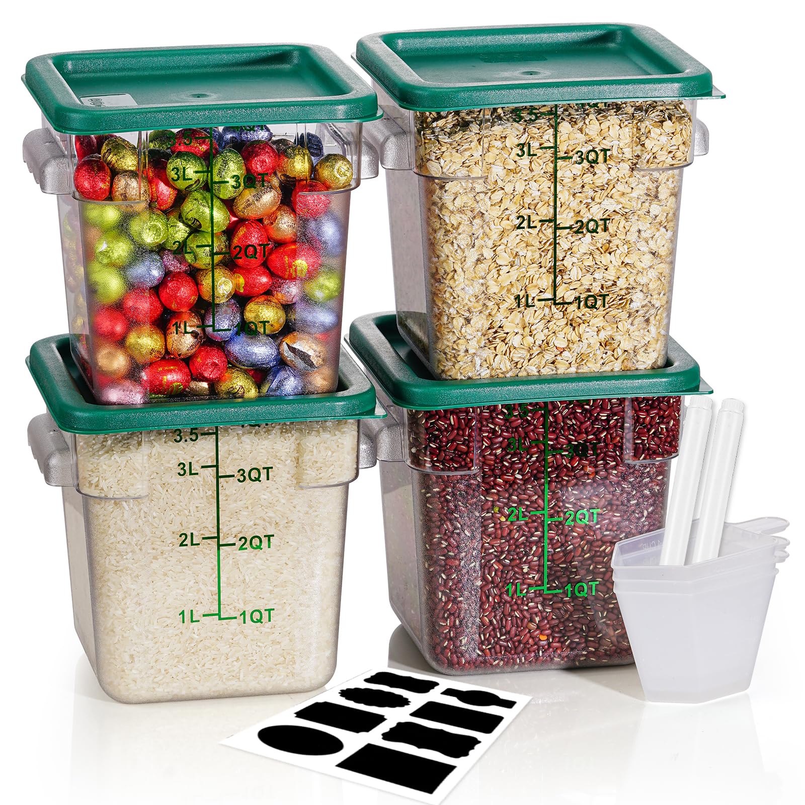 4QT NSF - Contenitori per alimenti, 8 pezzi, per uso alimentare, resistenti al caldo e al freddo, trasparenti, con coperchio, per impasti da cucina e ristoranti, cucchiai dosatori inclusi (verde)