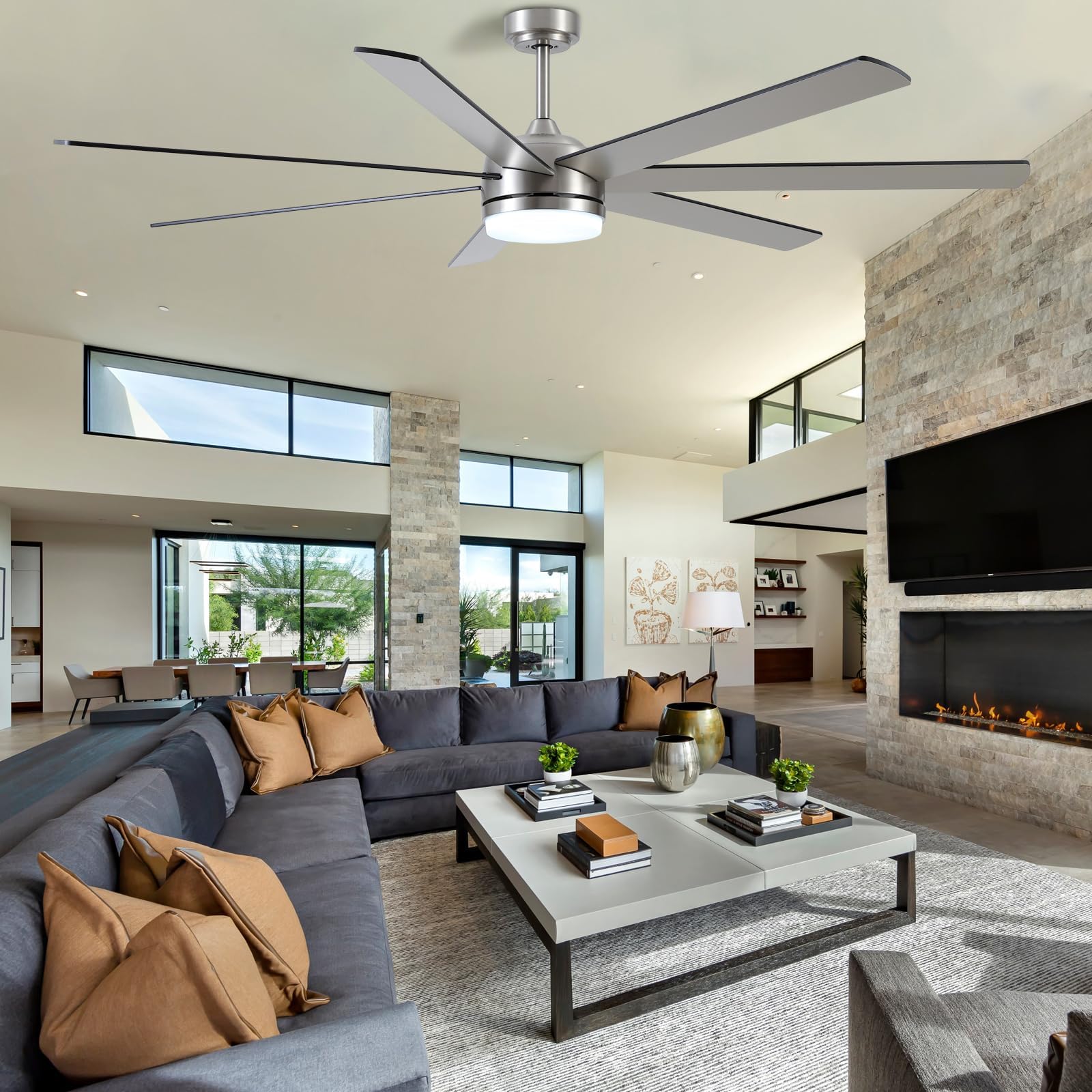 72 Inch Brushed Nickel Ceiling Fan with Light and Remote Control.6-Speed Reversible DC Motor, dimmable Tri-Color Temperature LED.Nickel Ceiling Fan for Indoor.