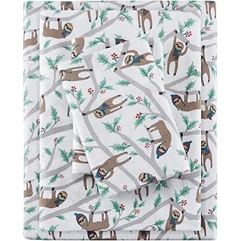 True North by Sleep Philosophy Cozy Flannel Warm 100% Cotton Sheet - Novelty Print Animals Stars Cute Ultra Soft Cold Weather Bedding Set, King, Multi Sloth 4 Piece