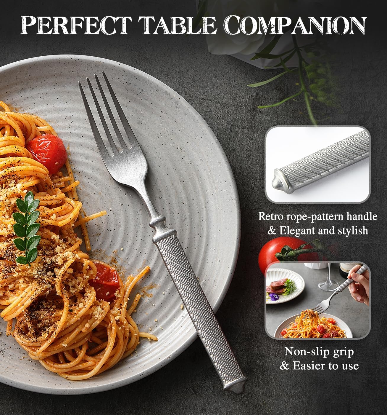 XINZUO 3-Piece Flatware Set, Premium Stainless Steel Cutlery Set with Steak Knife Fork Spoon, Sharp Serrated Steak Knife, Elegant Tableware for Dining & Gift image 3