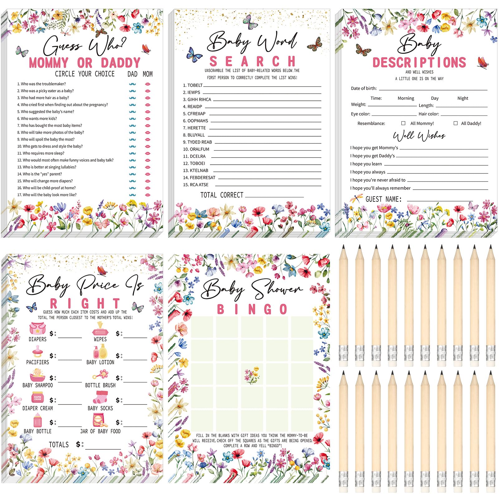 Yinder 145 Pcs Baby Shower Games Activities Cards with 20 Pencils Includes Baby Bingo Description and Wishes Guess Who Price is Right Word Scramble