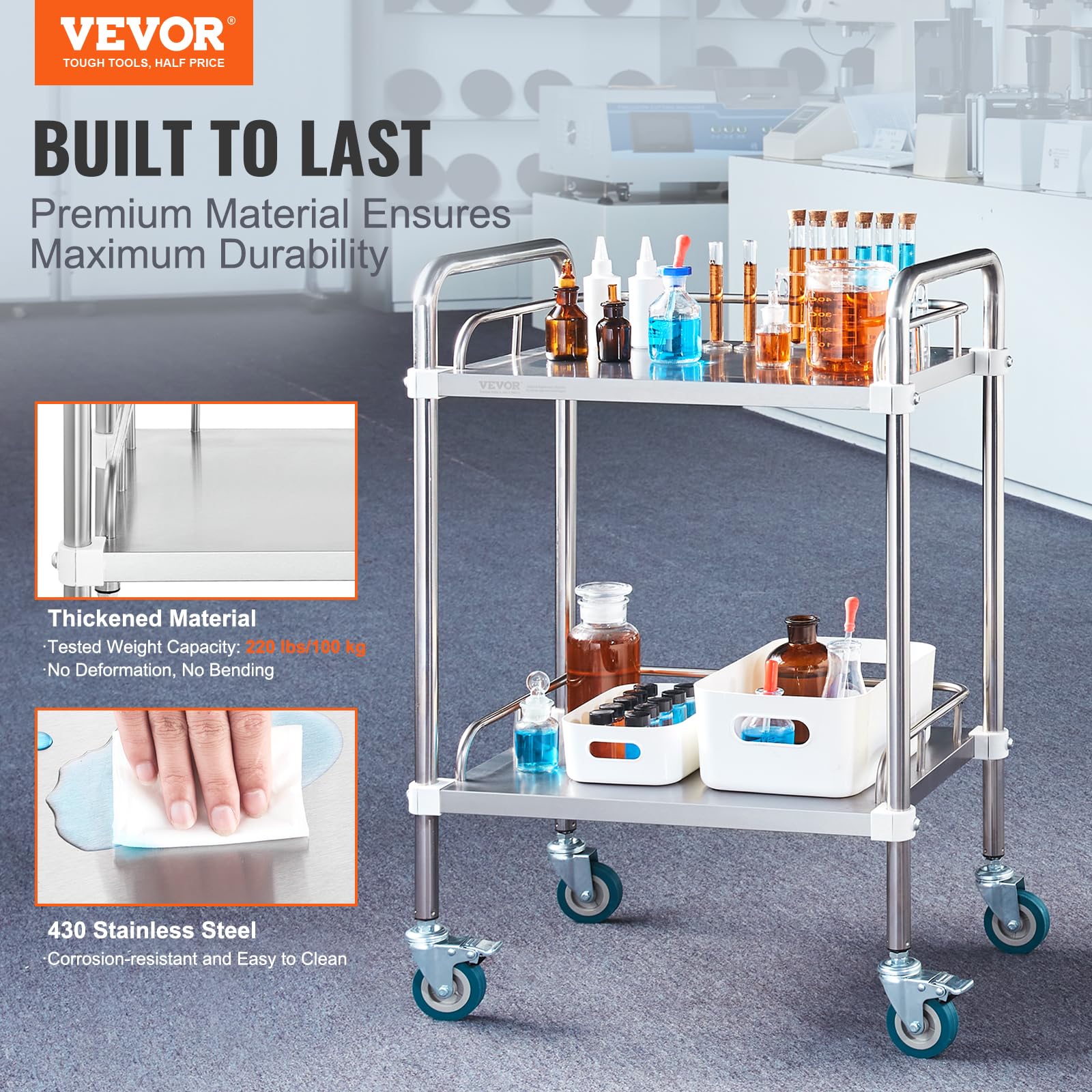 VEVOR Carro de laboratorio acero inoxidable 2 capas capacidad 100 kg ruedas giratorias médico