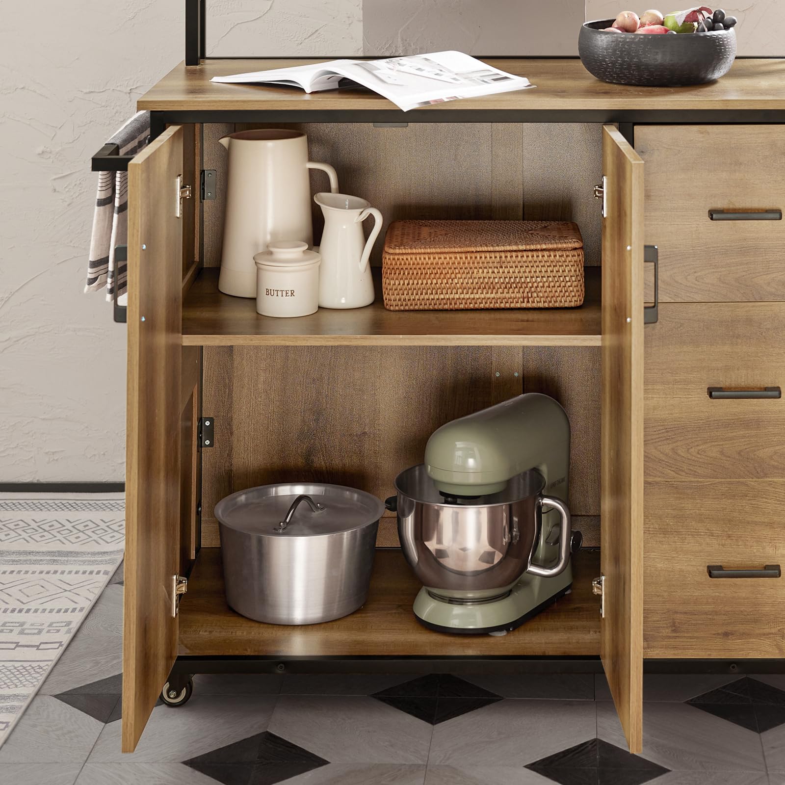 SoBuy KNL02-PF Design Küchenwagen mit Arbeitsplatte Kücheninsel mit Türen und Schubladen Küchenschrank Rollwagen Sideboard auf Rollen Küchentrolley Vintage braun BHT ca.: 113x106x69cm