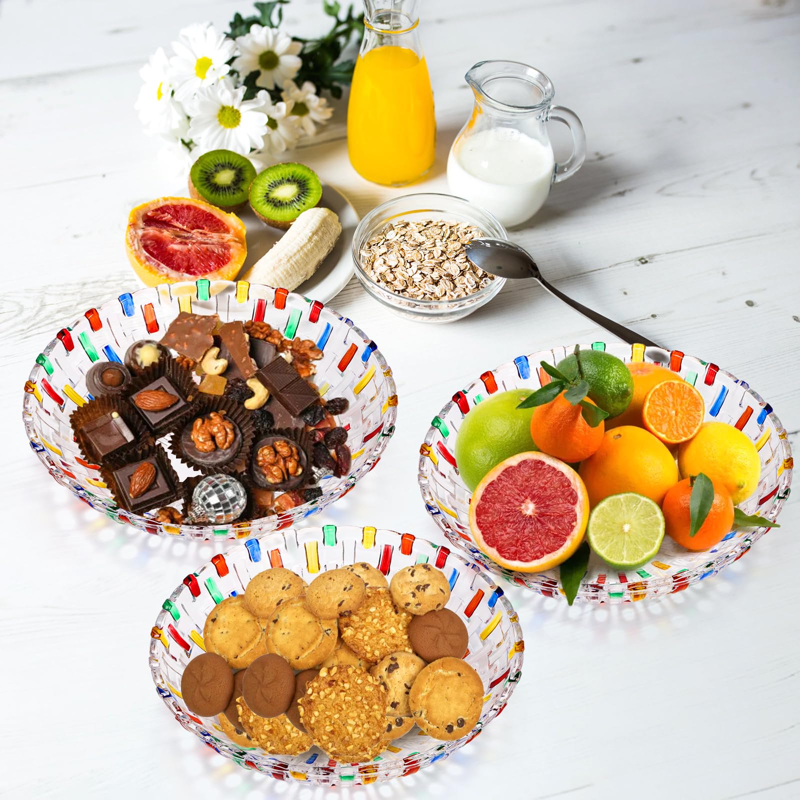 Paquete de 2 cuencos de frutas de cristal coloridos, cuencos de vidrio tejidos pintados a mano de 10 pulgadas, plato grande decorativo para mostrar ensalada, postre, pastel, dulces, aperitivos 6