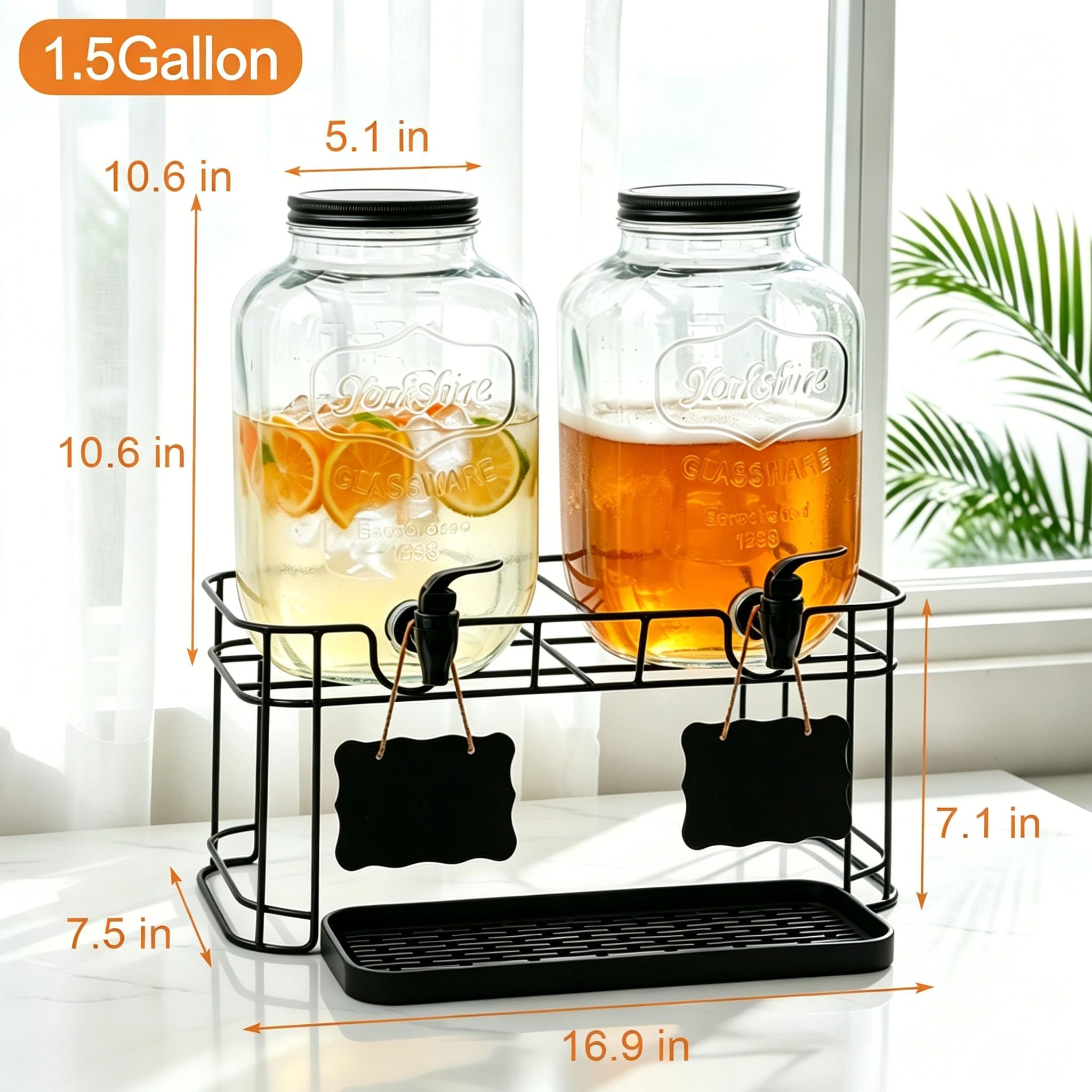 Getränkespender aus Glas mit Ständer + Küchenmatte, großer Getränkespender für Partys, Limonadenspender für Sonnentee, hausgemachter Saft, 2 Stück
