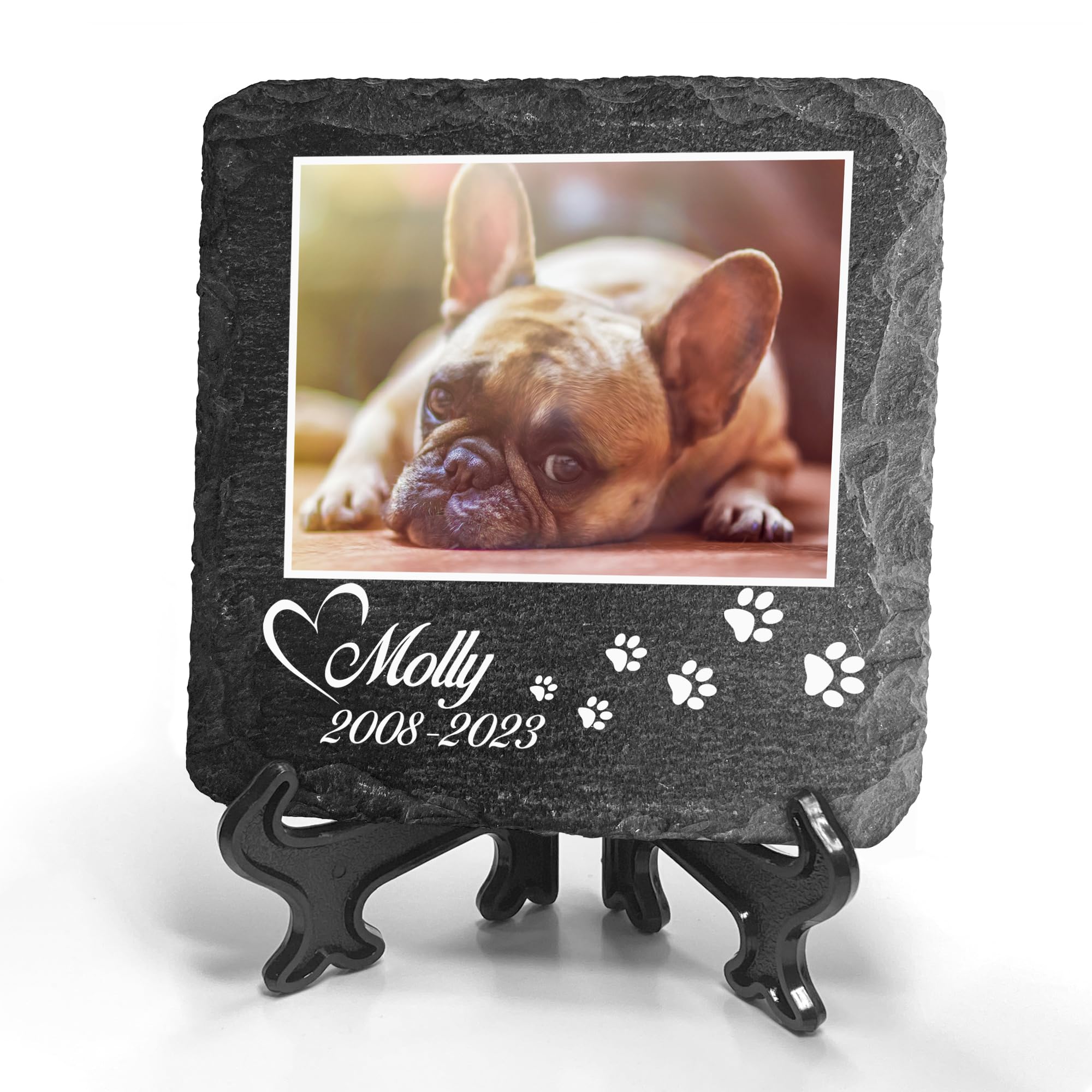 TULLUN Personalised Individual Square Memorial Small Plaque with Display Stand For Pet Cat Dog Slate Stone Frame Paw Grave Marker - Size 5.9" x 5.9" or 150 x 150 mm - Photo and Paw Print — image 1