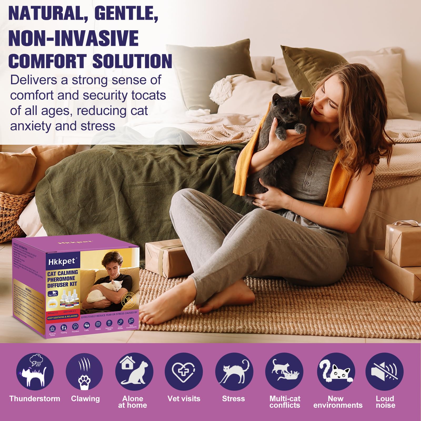 Difusor de Feromonas Calmantes para Gatos, Reduce Estrés, Ansiedad y Arañazos, Ayuda a Disminuir la Agresividad y Conflictos entre Gatos, Apto para Todos los Gatos, 1 Difusor + 3 Recargas de 48 ml