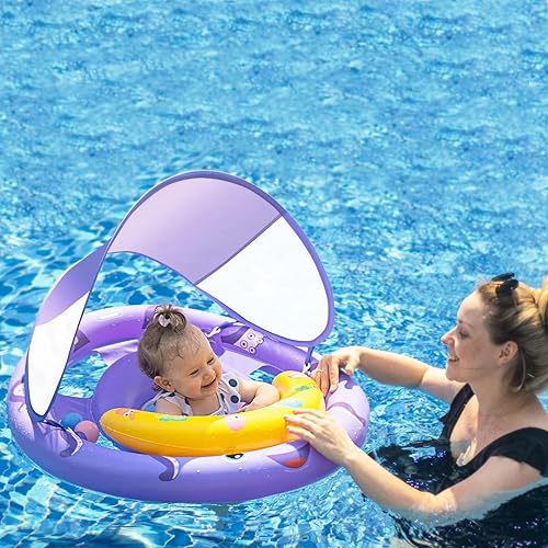 Miniatura 6 de Flotador de piscina para bebé con toldo de protección solar extraíble UPF50+, flotadores de natación para bebés de 6 a 24 meses, diseño doble extra