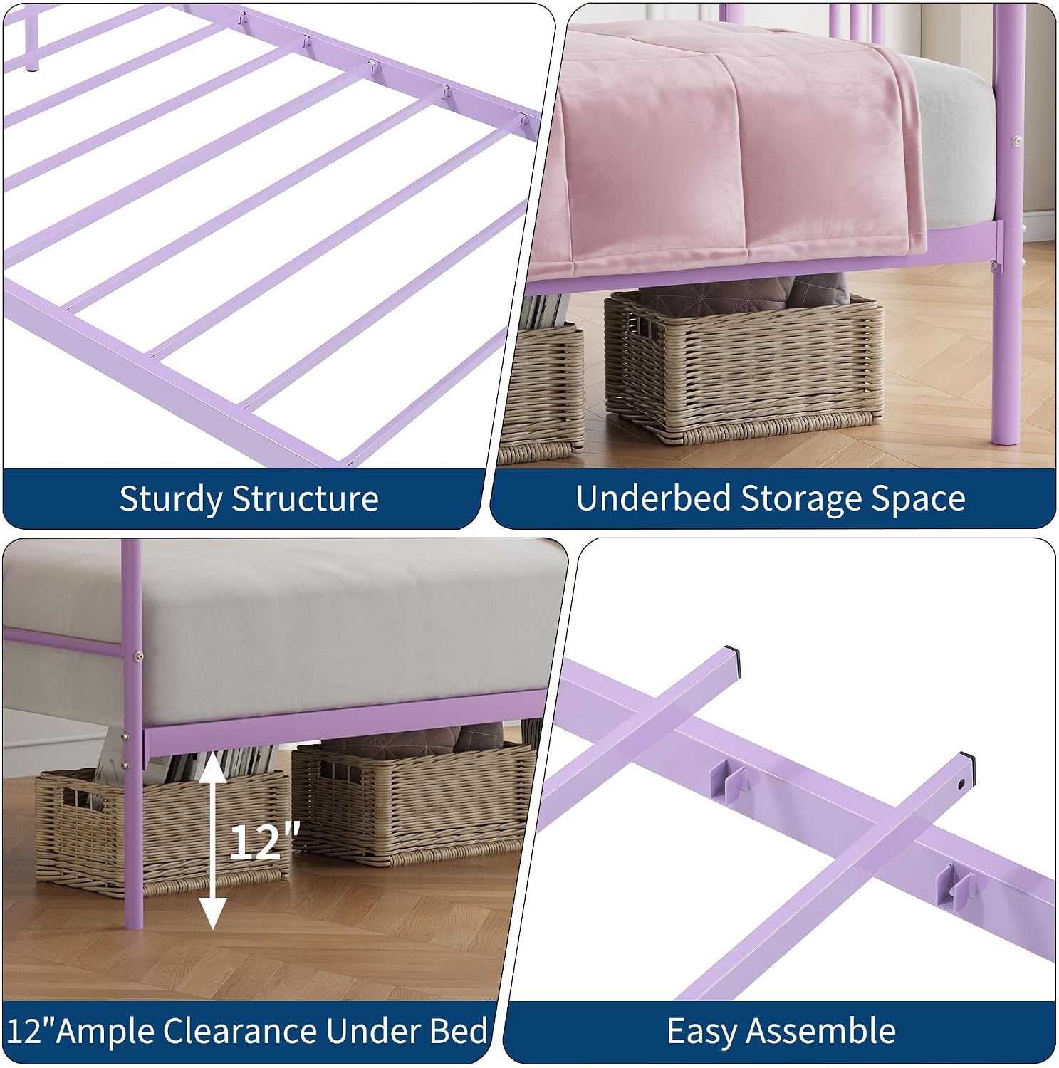 GarveeTech Twin Daybed Without Trundle, Metal Twin Size Daybed with Storage, Steel Slat Support Sofa Bed for Living Room, Bedroom, Guest Room, Purple