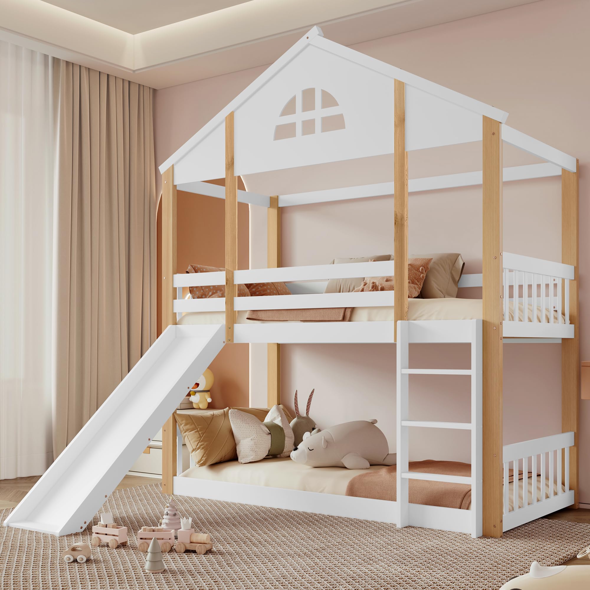 Soweiz Litera Infantil con Tobogán y Escalera, Cama Alta Casa de Madera, 90x200 cm