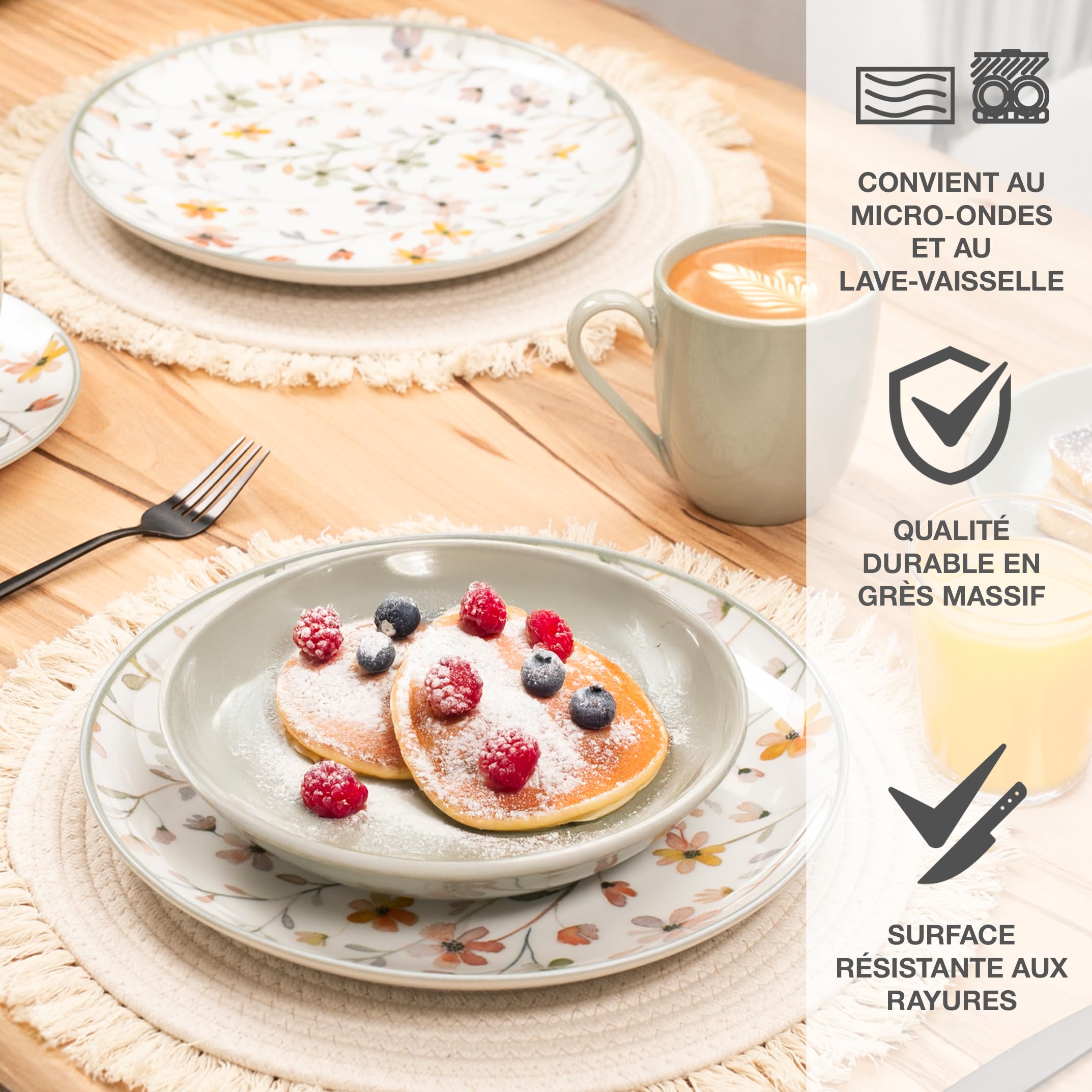 Moritz & Moritz PRIMAVERA Vaisselle en Grès 6 Personnes 24 Pièces - Service de Table Moderne avec Design Ludique, Service à Café Facile à Entretenir avec Ensemble d’Assiettes, Bols & Tasses - Service