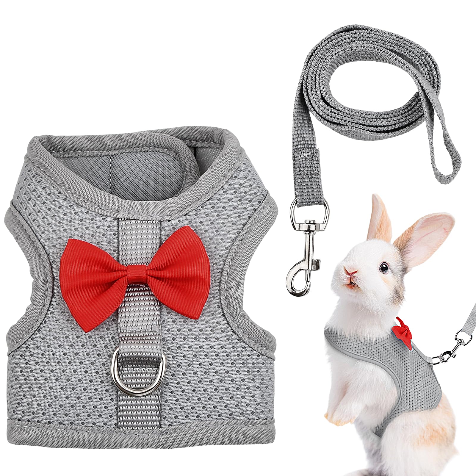 Merzio Adjustable Rabbit Harness and Lead Set, Escape Proof Bunny Leash and Vest for Walking, Breathable Mesh Small Animal Clothes for Ferret Kitten Guinea Pig, Grey (M)