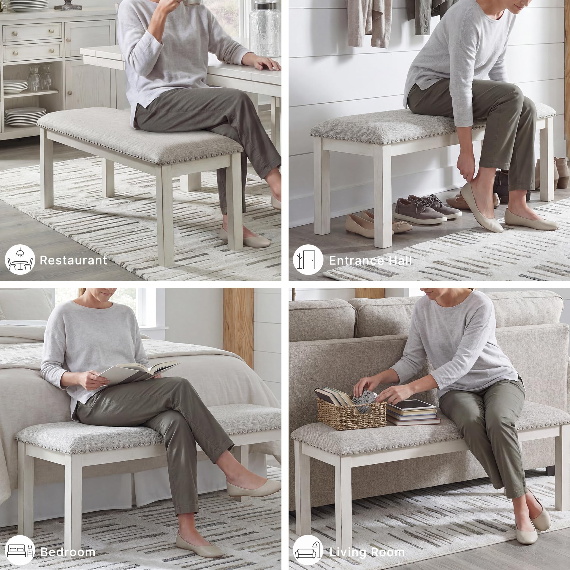 Signature Design by Ashley 48" Upholstered Dining Bench, Antique White | Solid wood frame with textured grain, Light gray polyester upholstered seat with nailhead trim, Seats 2, Robbinsdale