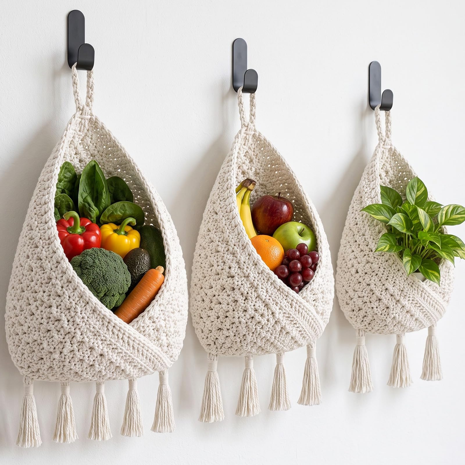 Honeydak 3 Hanging Baskets, Cream, Tassel Envelope Baske
