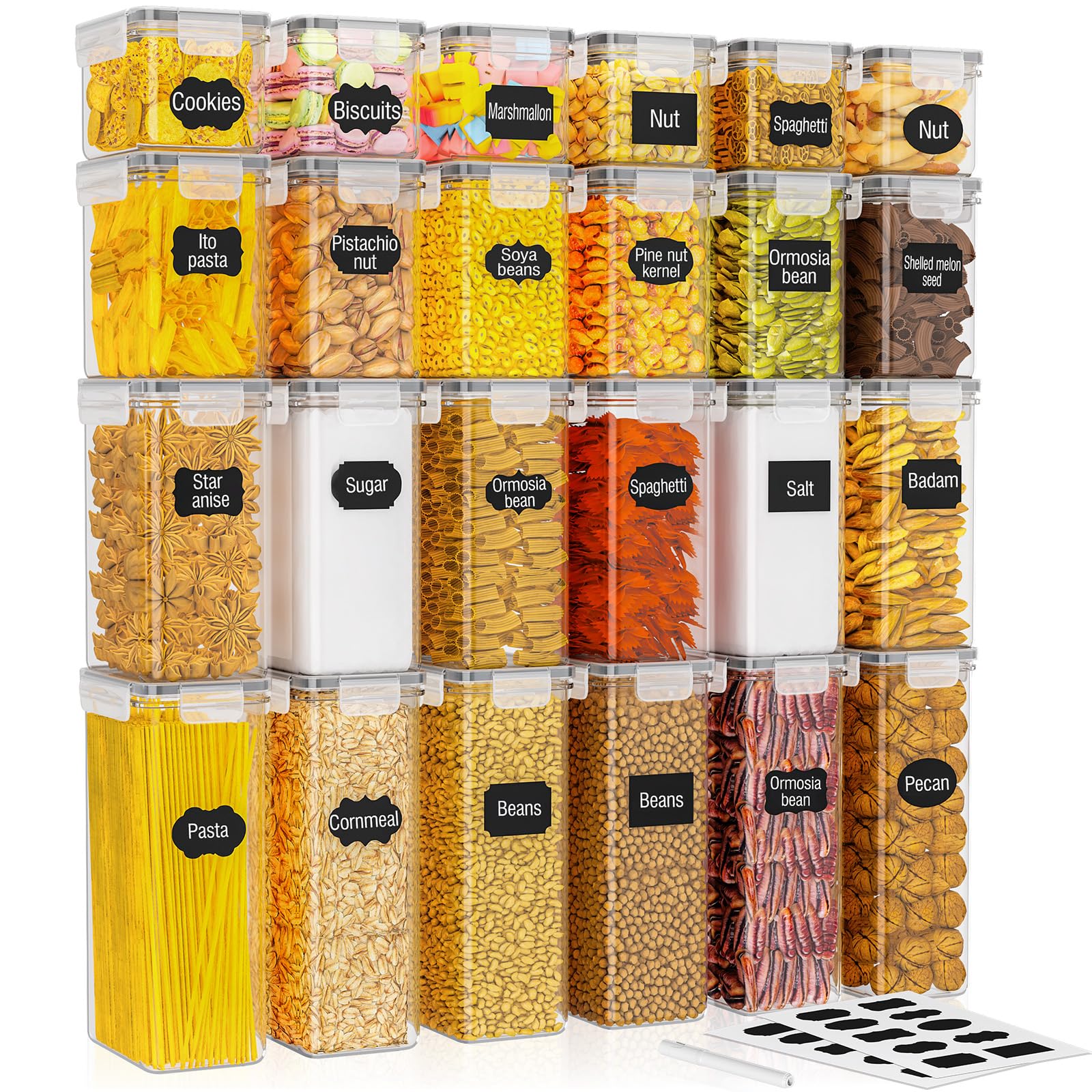 PurKeep Set mit 24 luftdichten Vorratsdosen & Kühlschrank-Organizer, BPA-frei, Küchenaufbewahrungsbehälter für Müsli, Mehl, Zucker, Körner & Backzubehör, 42 Liter großes Volumen inkl. 24 Etiketten