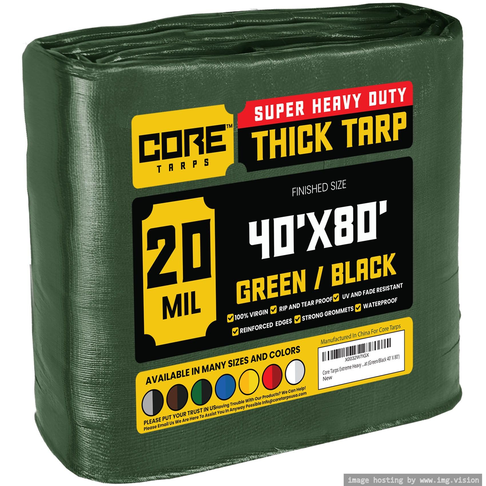 Core Tarps Extreme Heavy Duty 20 Mil Tarp Cover, Waterproof, UV Resistant, Rip and Tear Proof, Poly Tarpaulin with Reinforced Edges for Roof, Patio, Pool, Boat (Green/Black 40′ X 80′)