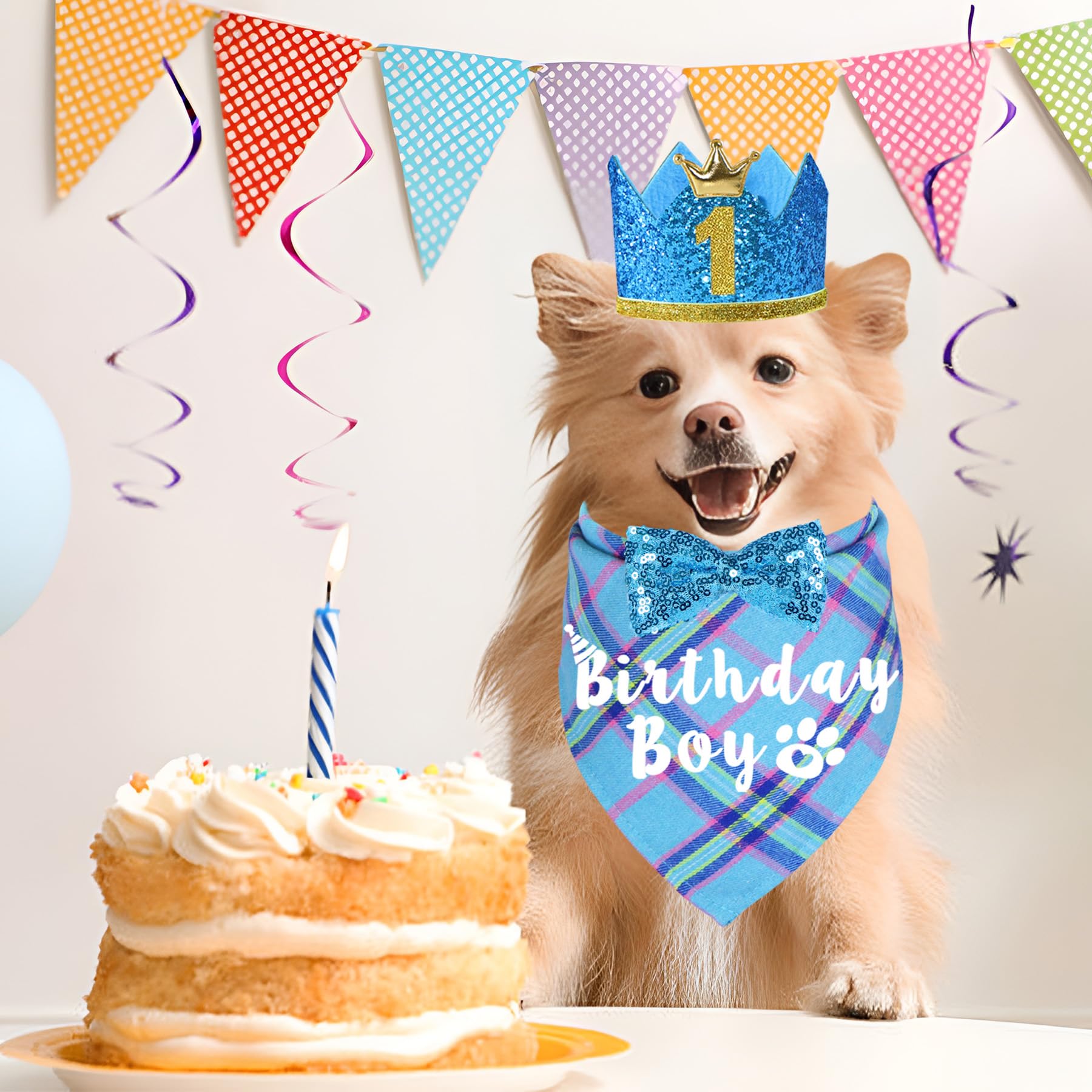 JOTFA Dog Birthday Party Supplies, Multi Sizes Dog Birthday Hat Crown with Numbers Bandana Boy Bow Tie for Small Dogs Pets (Light Blue, Small)