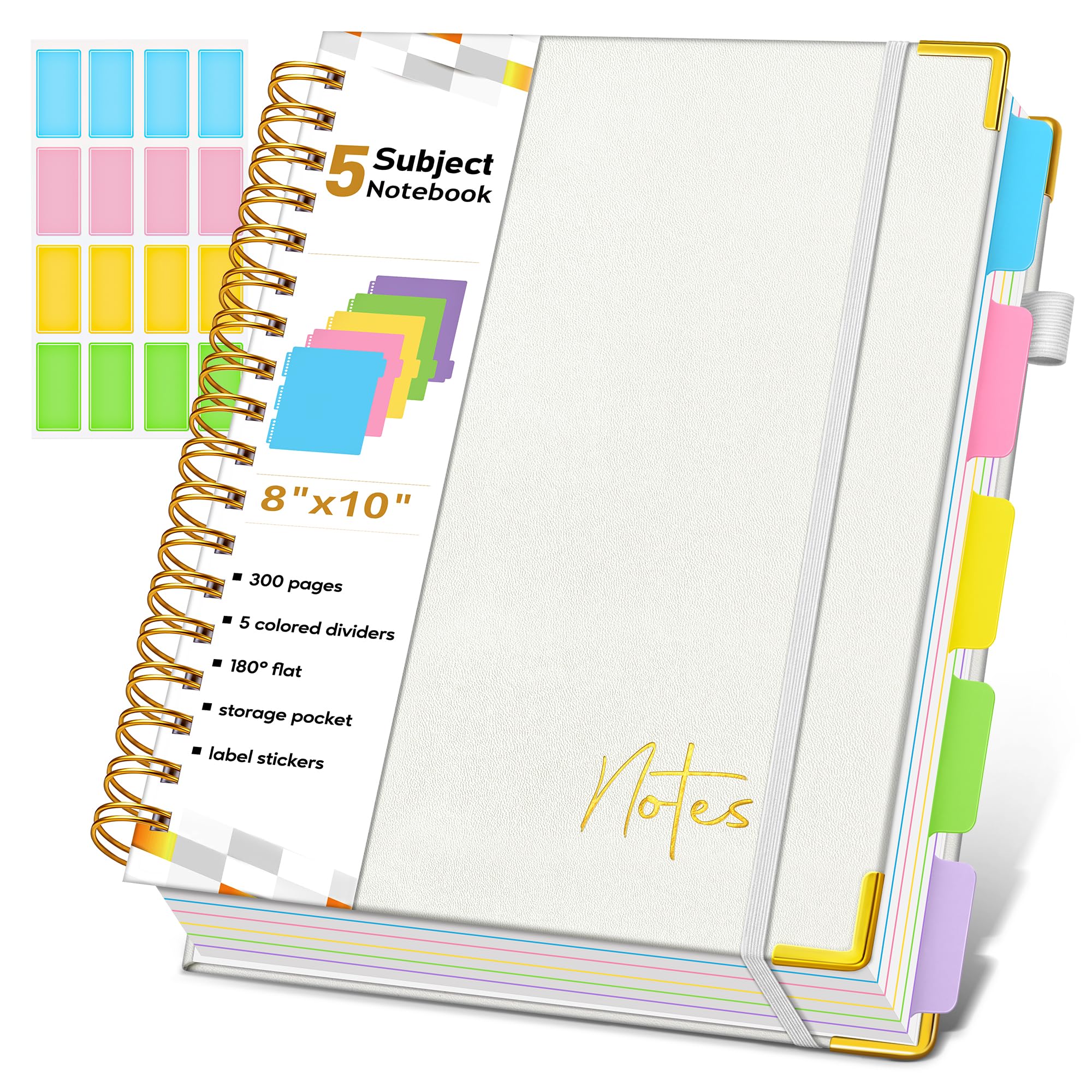 Photo 1 of Spiral Notebook Journal with Removable Dividers Tabs, 300 Pages Hardcover Leather 5 Subject College Ruled Notebook, 8"x10" Large B5 Lined Journal for Women Men, Spiral Notebooks for Work School, Beige