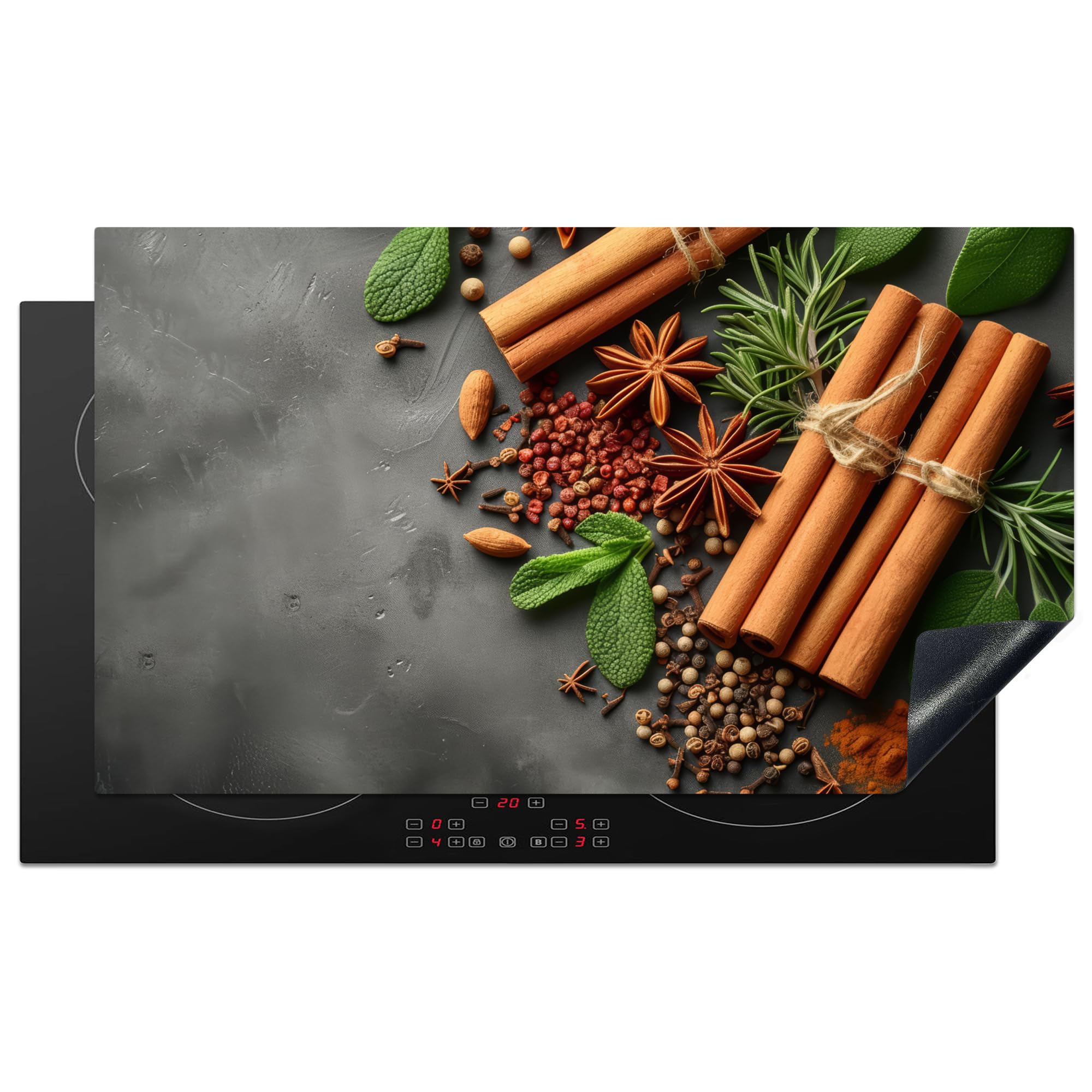 KitchenYeah© Induction Hob Cover Protector Mat 20.3"x35.3" / 89.6x51.6 cm Kitchen Universal Ceramic Covers for Electric Cookers Vinyl Cinnamon - Spices - Concrete - Leaves - Cuisine