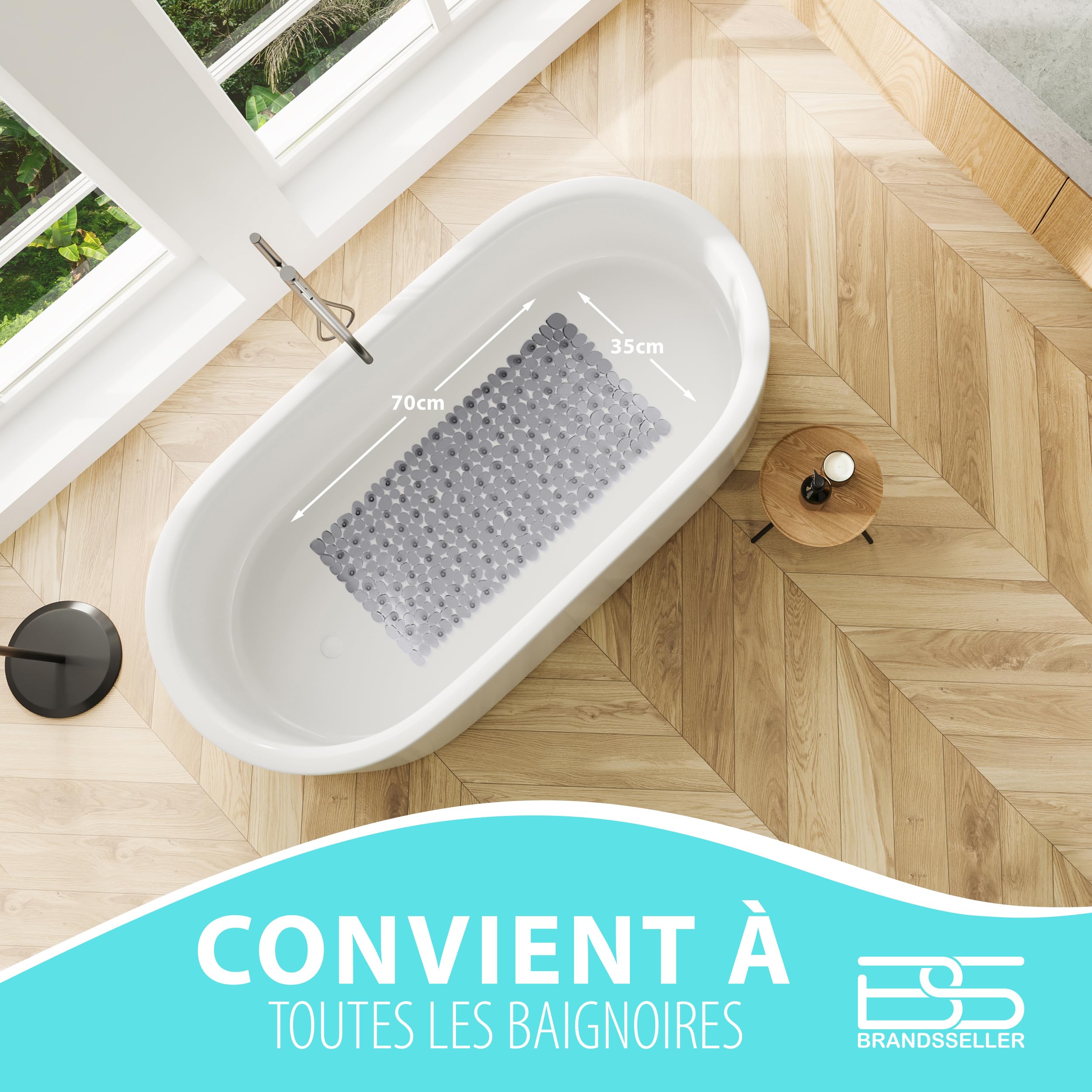 Brandsseller Tapis de Baignoire Anti-Glisse 70 x 35 cm Insert pour Baignoire Antidérapant en PVC Aspect Pierre Rectangulaire - Transparent Gris