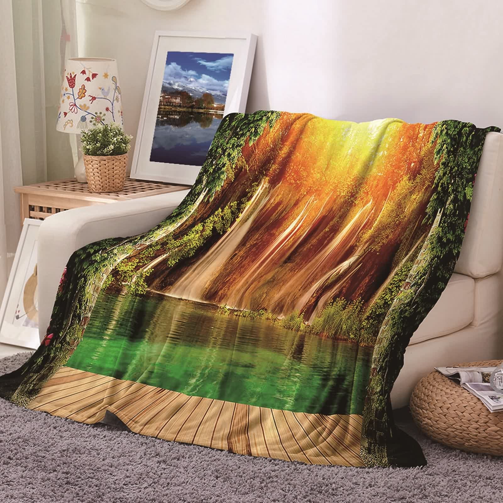 Couverture chaude hiver contre le froid flanelle douce 180x220cm grand plaid vert orange brun