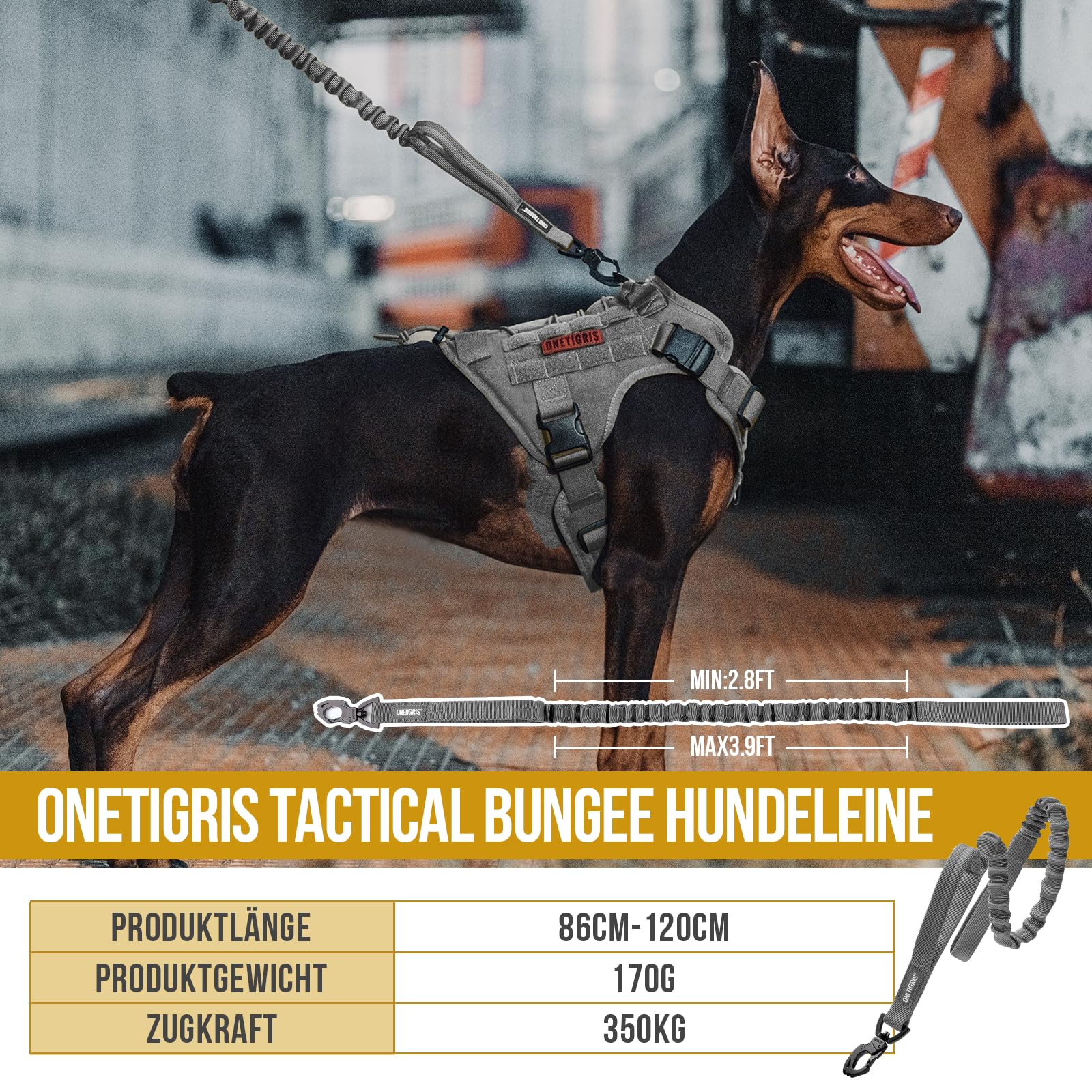 OneTigris Guinzaglio per cani caricato a molla, 86 cm – 120 cm, in nylon, con clip in metallo e 2 morbide imbottiture, lunghezza – grigio