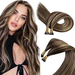 Sunny I Tip Hair Extensions 22 Inch Dark Brown Highlighted Caramel Blonde Real Brazilian Human Hair Extensions Stick I Tip Straight 50g