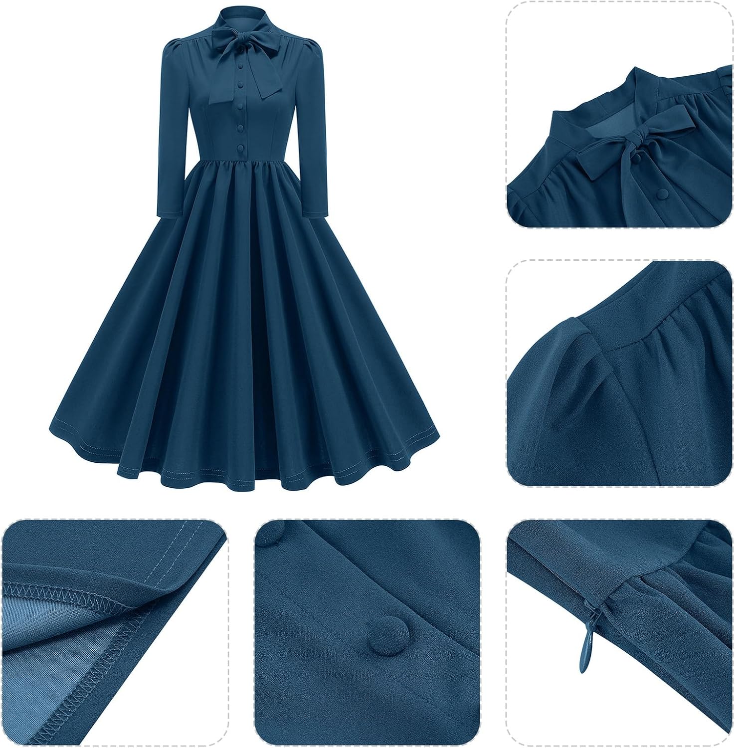 1950s Dresses for Women Vintage Rockabilly Retro 3/4 Puff Sleeve Tie Midi Dress Cocktail Party Evening Prom Gown - Image 4