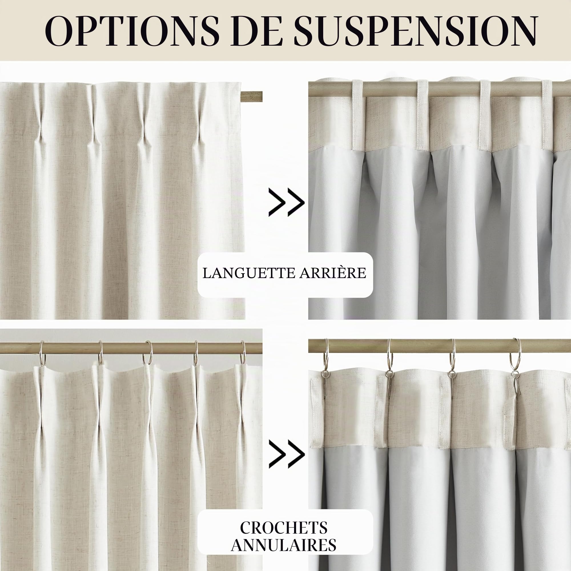 Vision Home Lot de 2 rideaux plissés entièrement occultants en lin mélangé naturel pour salon, chambre à coucher, rideaux plissés à isolation thermique avec crochets - 2 panneaux 101,6 x 241,3 cm (l x