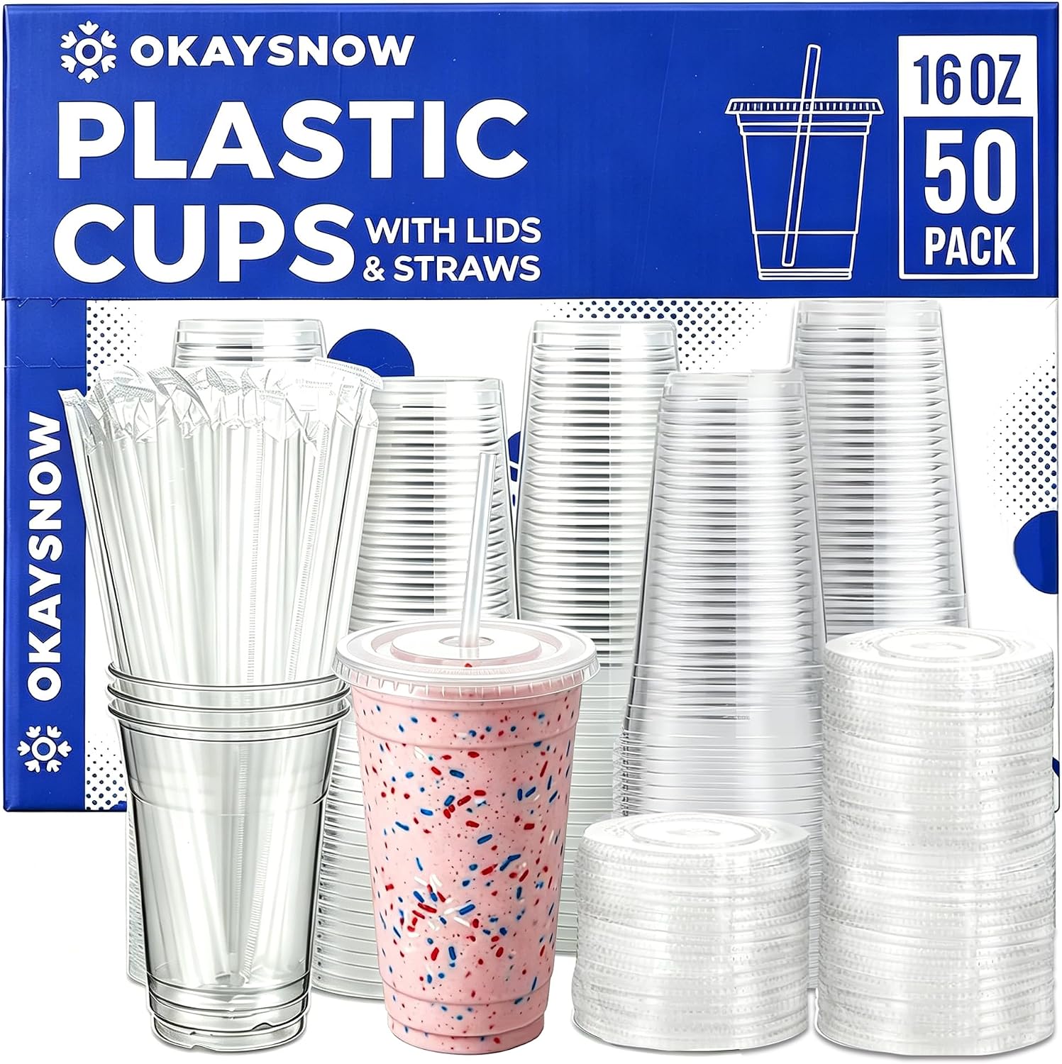 50 Pack 16 oz Clear PET Plastic Cups with Lids and Straws for Iced Coffee | Leak-Proof Lids, Wrapped Straws, Heavy-Duty Recyclable Disposable To Go Cups , Great for Smoothie & Juice, Dirty Soda