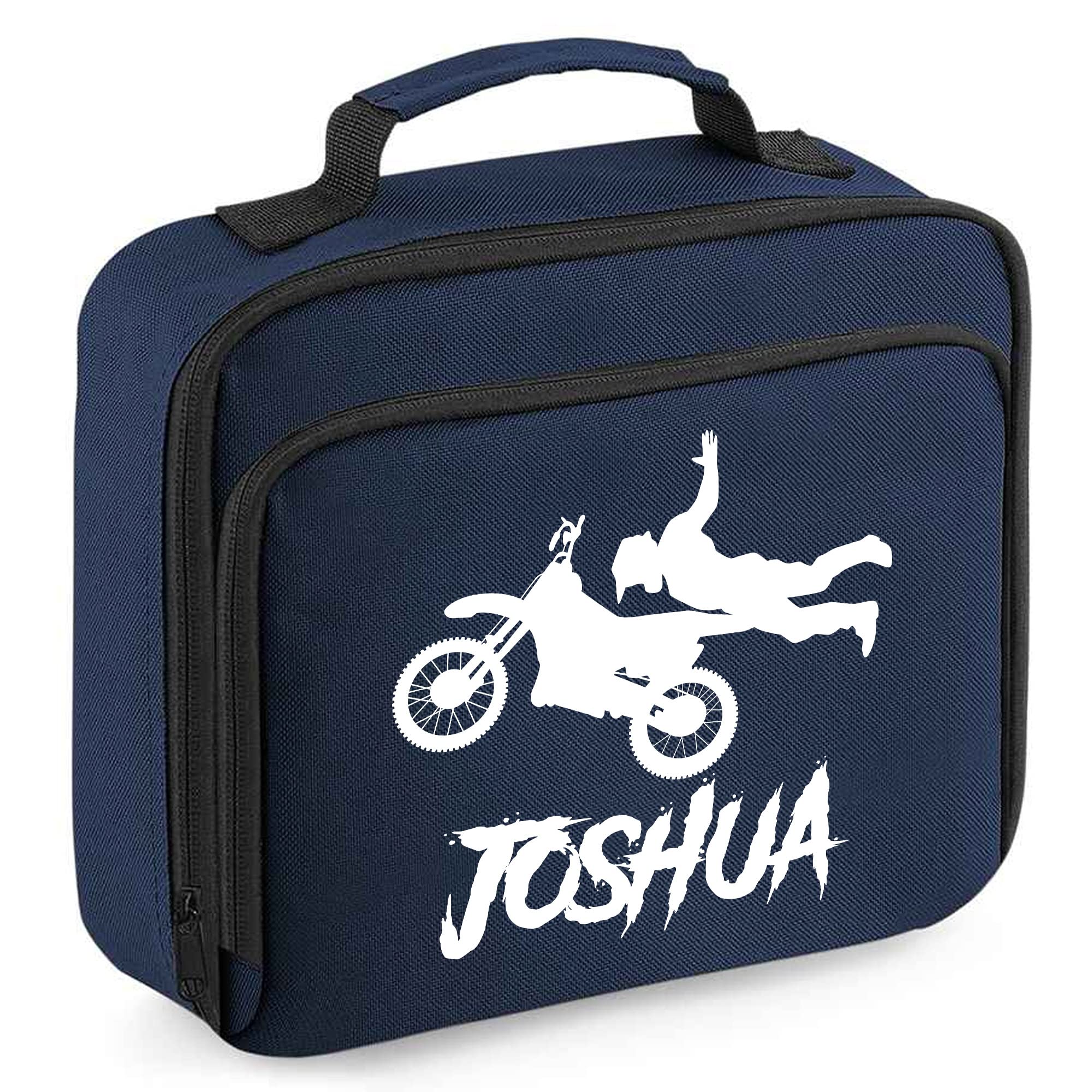 Personalised Boys Motocross Stunt Bikes Lunch Bag, Kids Bikes Gifts Boys, Back to School Accessories, Birthday Gifts for Son who Loves Stunt Bikes, 24cm x 20cm x 8cm, Navy