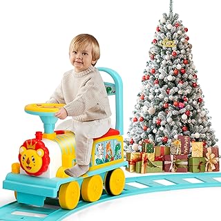 GOPLUS Kinder Elektro Zug, Kinderfahrzeug mit 16 STK. Schiene Set, 6V Kinder Aufsitz mit Licht, Musik, Zugpfeife & Stauraum, Elektro Kinderauto für Jungen & Mädchen ab 3 Jahren (Blau)