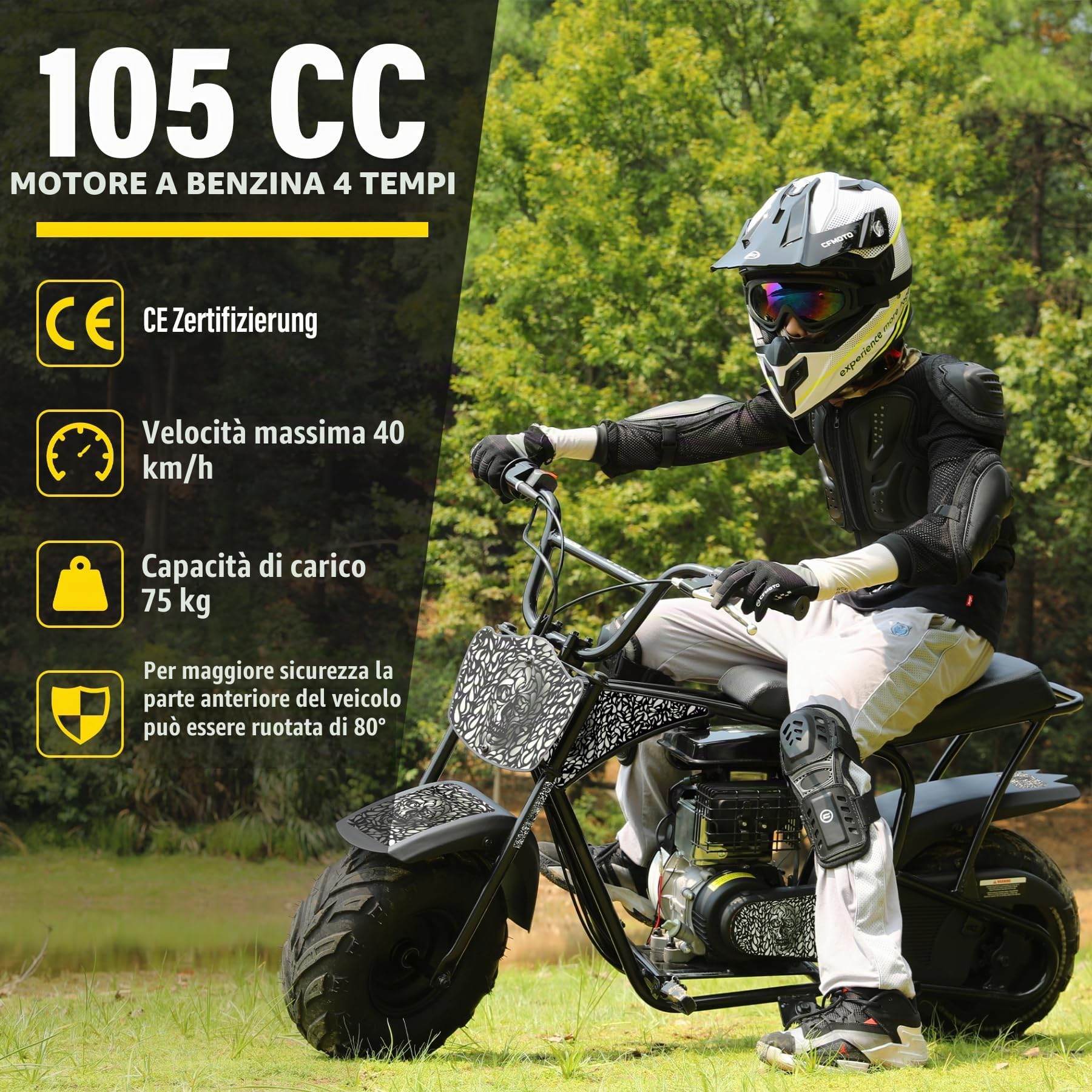 Dirt Bike 105 CC 4 tempi a benzina fuoristrada per bambini con 4 tipi di adesivi fai da te, cambio automatico e avviamento a fune, Pocket Bike a partire dai 13 anni, regalo per adolescenti e adulti