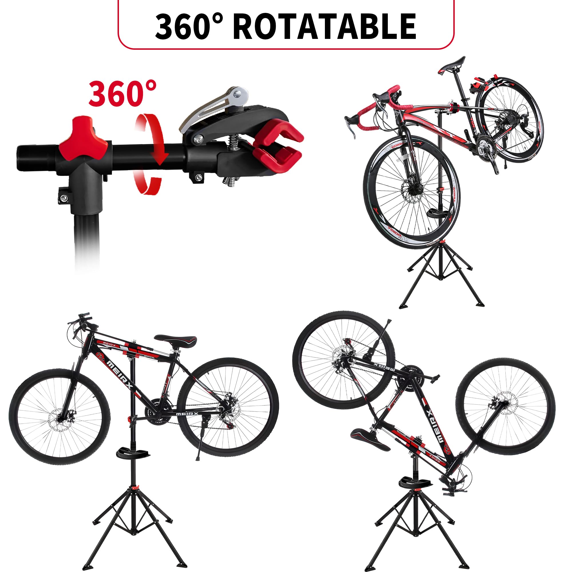 Soporte de trabajo para bicicleta, altura ajustable, soporte de reparación de bicicletas, estación de mantenimiento plegable con bandeja de herramientas, abrazadera giratoria de 360 grados para